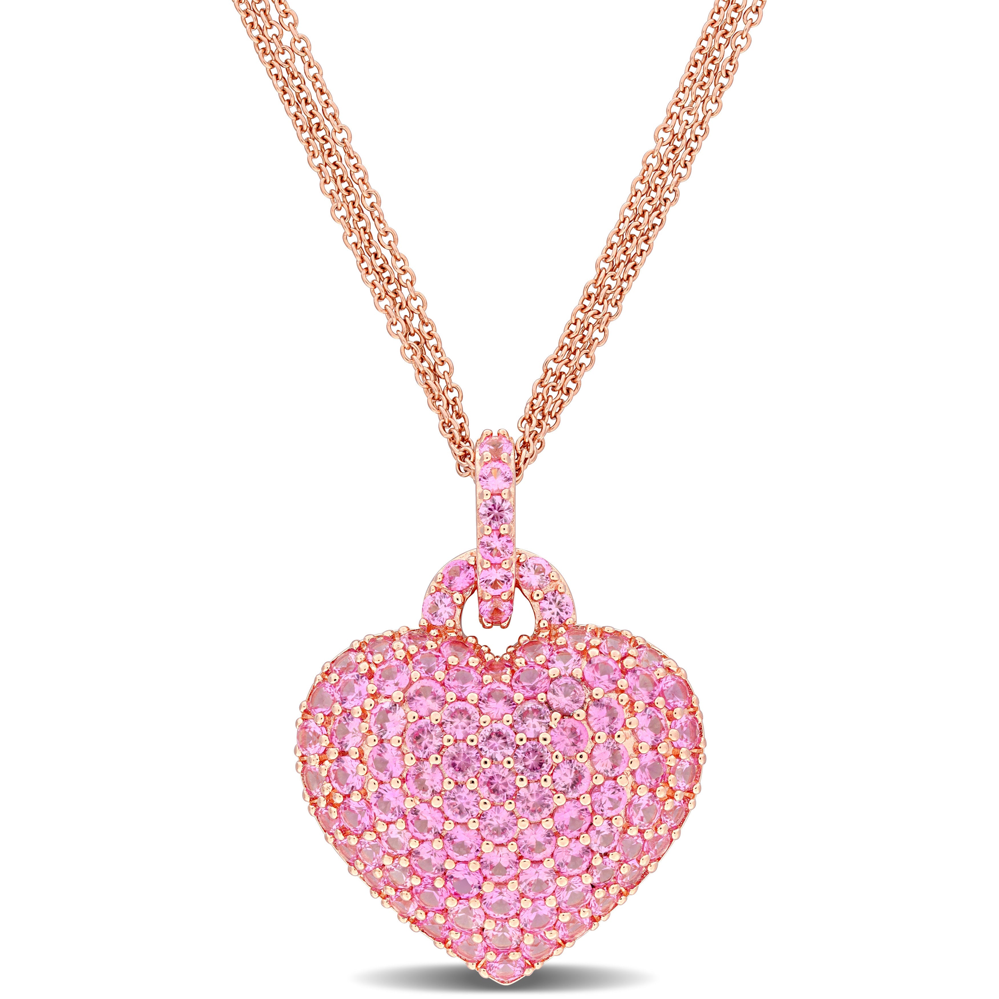Pink sapphire heart pendant necklace in rose-plated sterling silver, front view by Lord & Taylor