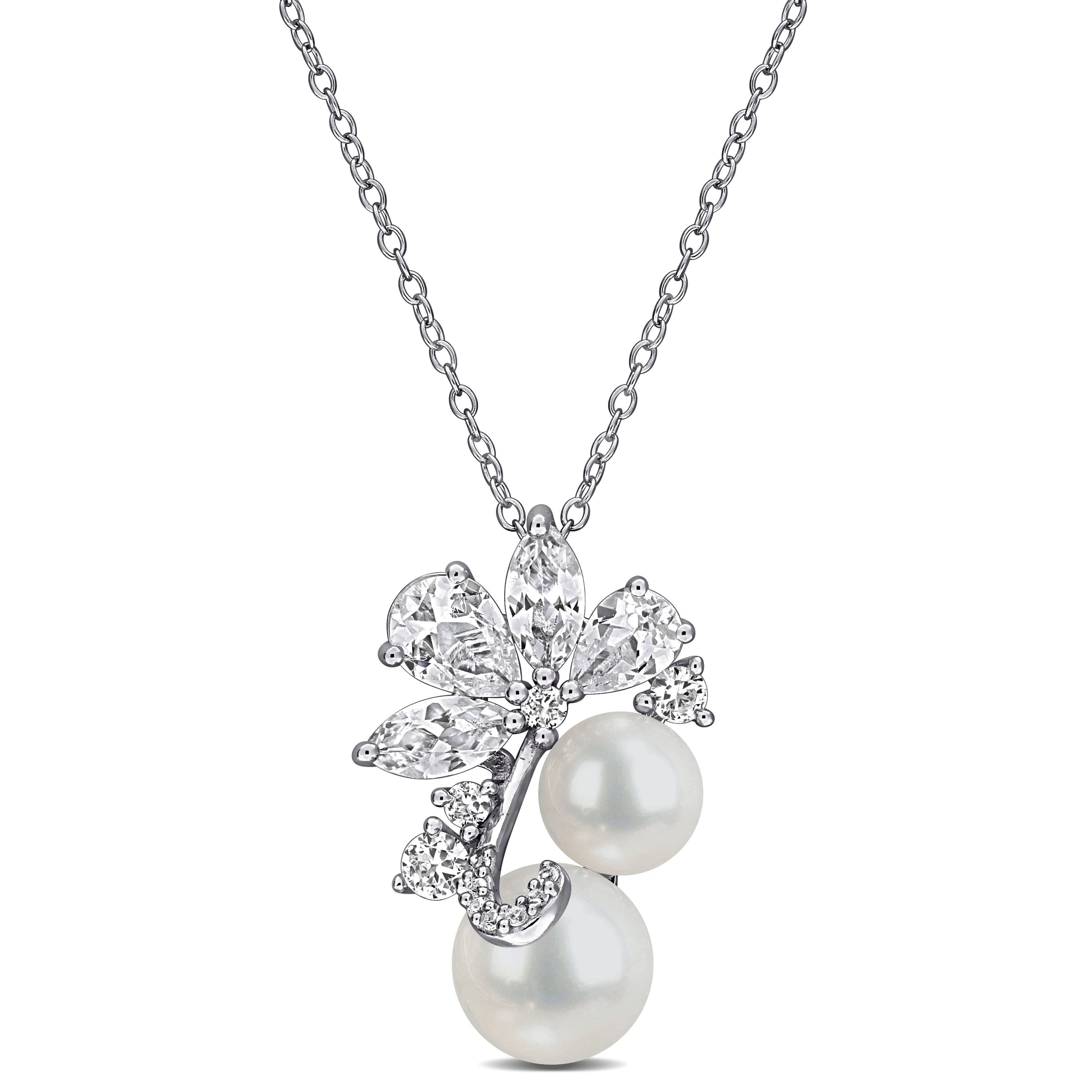 White pearl and sapphire cluster pendant necklace in sterling silver by Lord & Taylor, front view