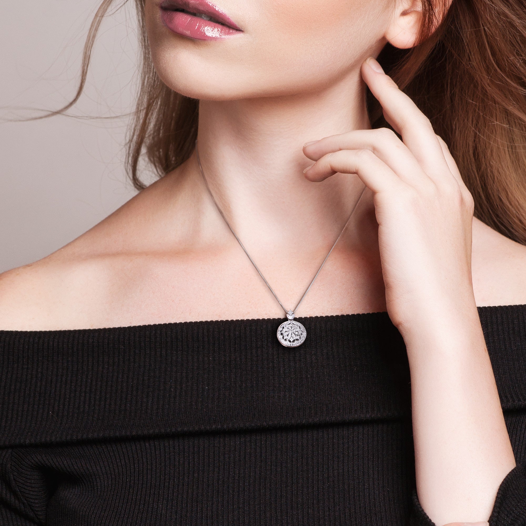 Sterling silver diamond locket pendant necklace by Lord & Taylor, lifestyle view