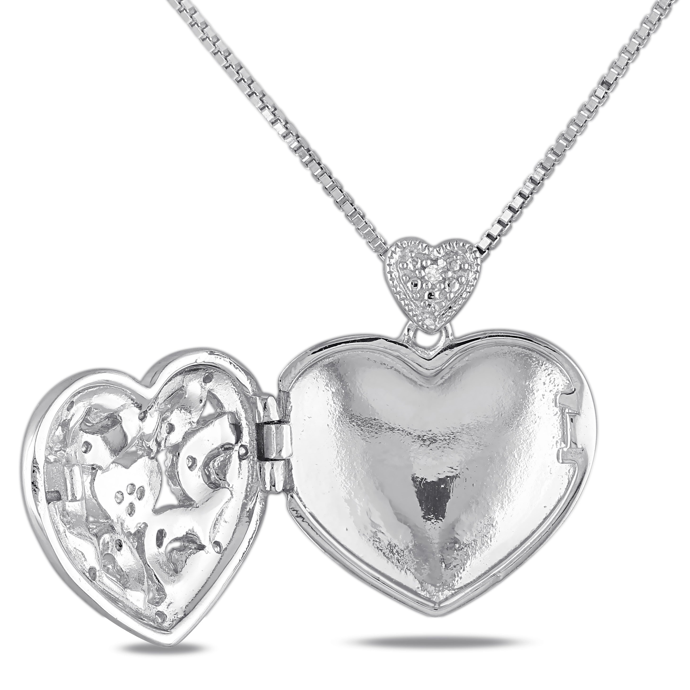 Diamond heart locket pendant back view showing sterling silver construction
