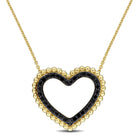 14k yellow gold open-heart pendant with beaded frame and black diamonds, main view