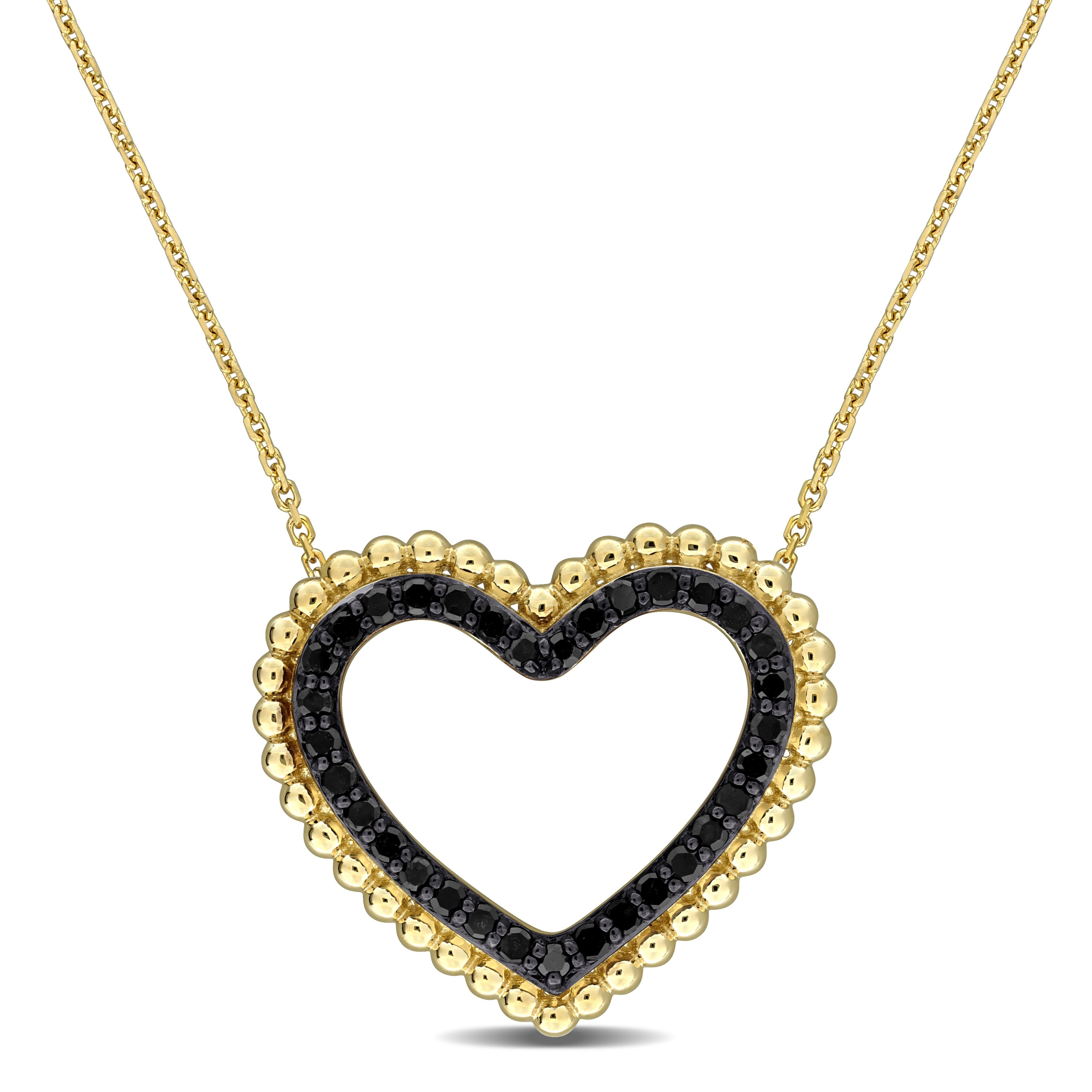 14k yellow gold open-heart pendant with beaded frame and black diamonds, main view