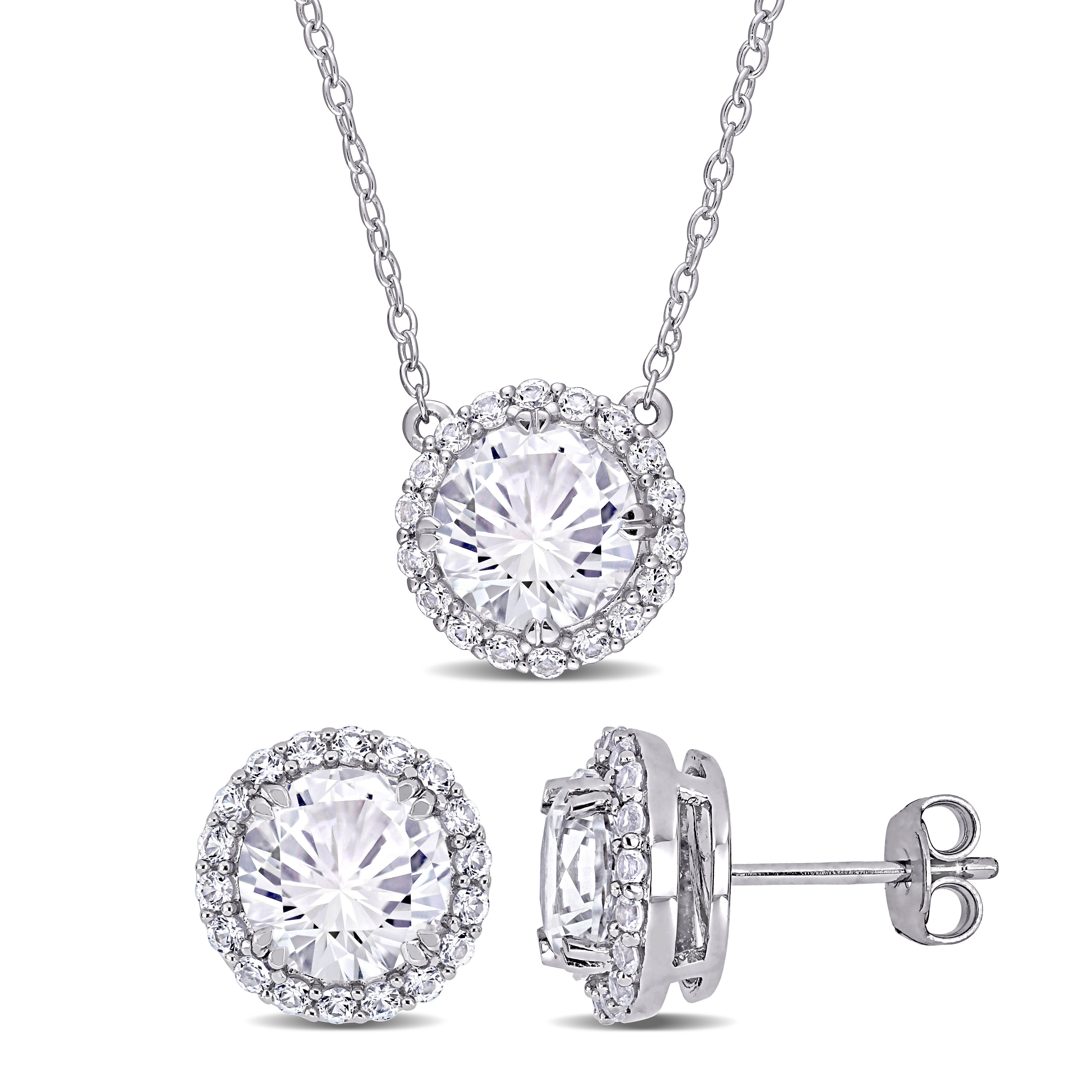 White sapphire halo necklace and earring set in sterling silver by Lord & Taylor, front view
