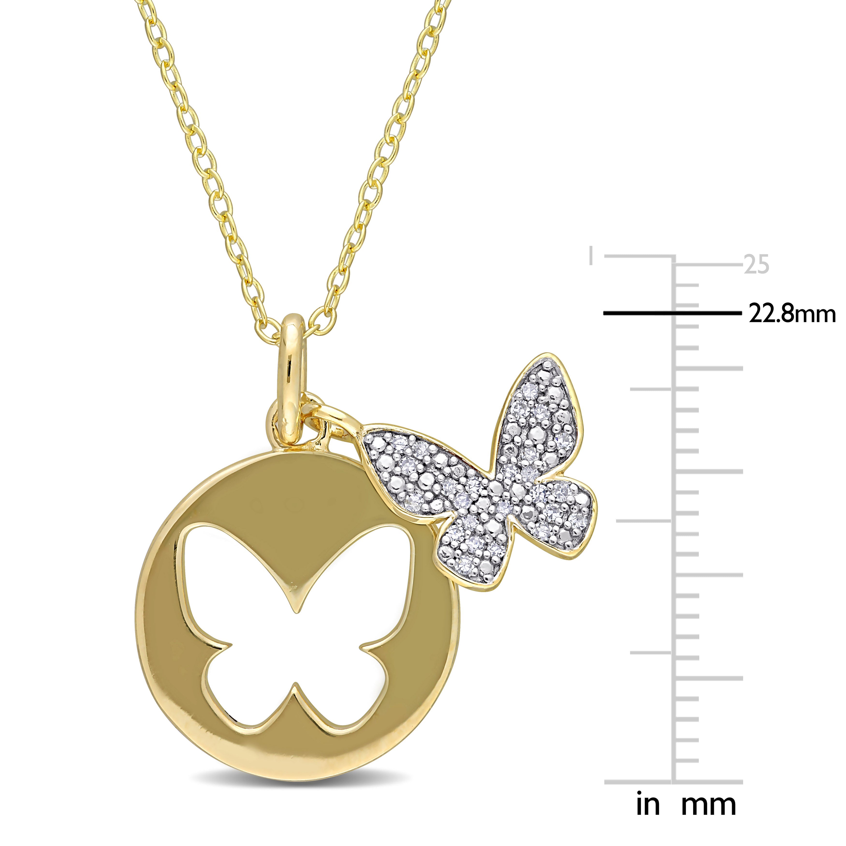 Double butterfly diamond pendant necklace, side angle view showing cable chain