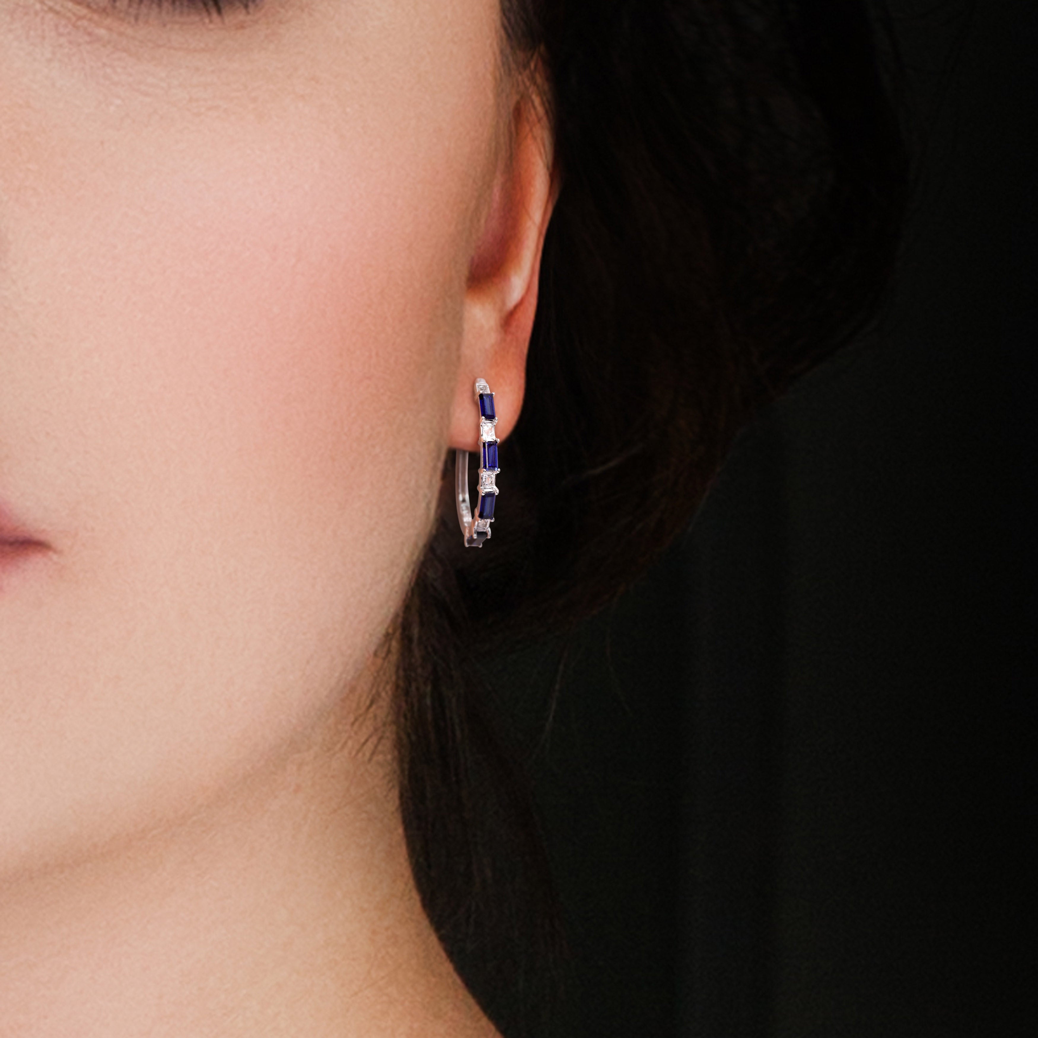 Blue sapphire sterling silver hoop earrings worn, lifestyle view by Lord & Taylor