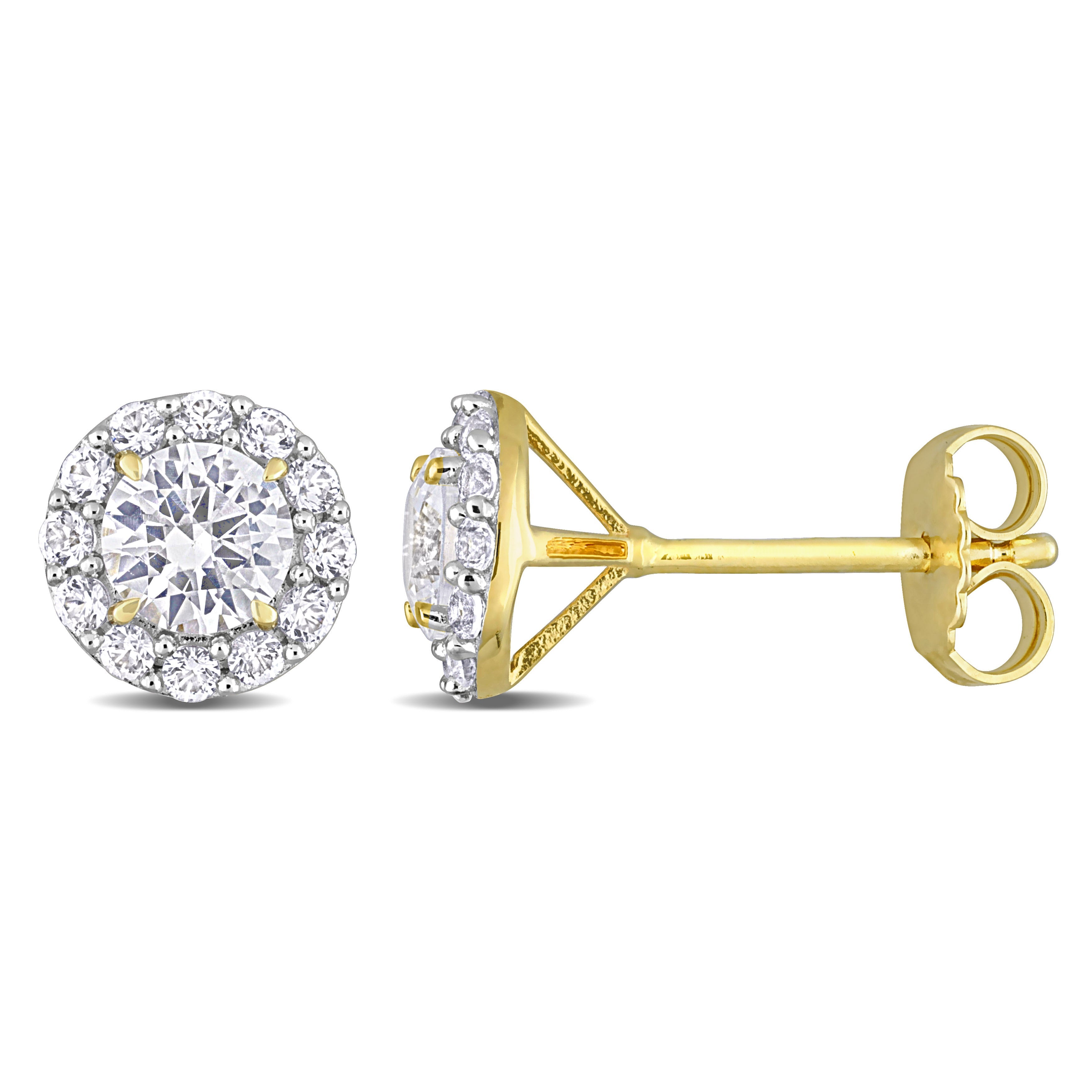 Yellow-plated silver halo stud earrings with white sapphires, front view by Lord & Taylor
