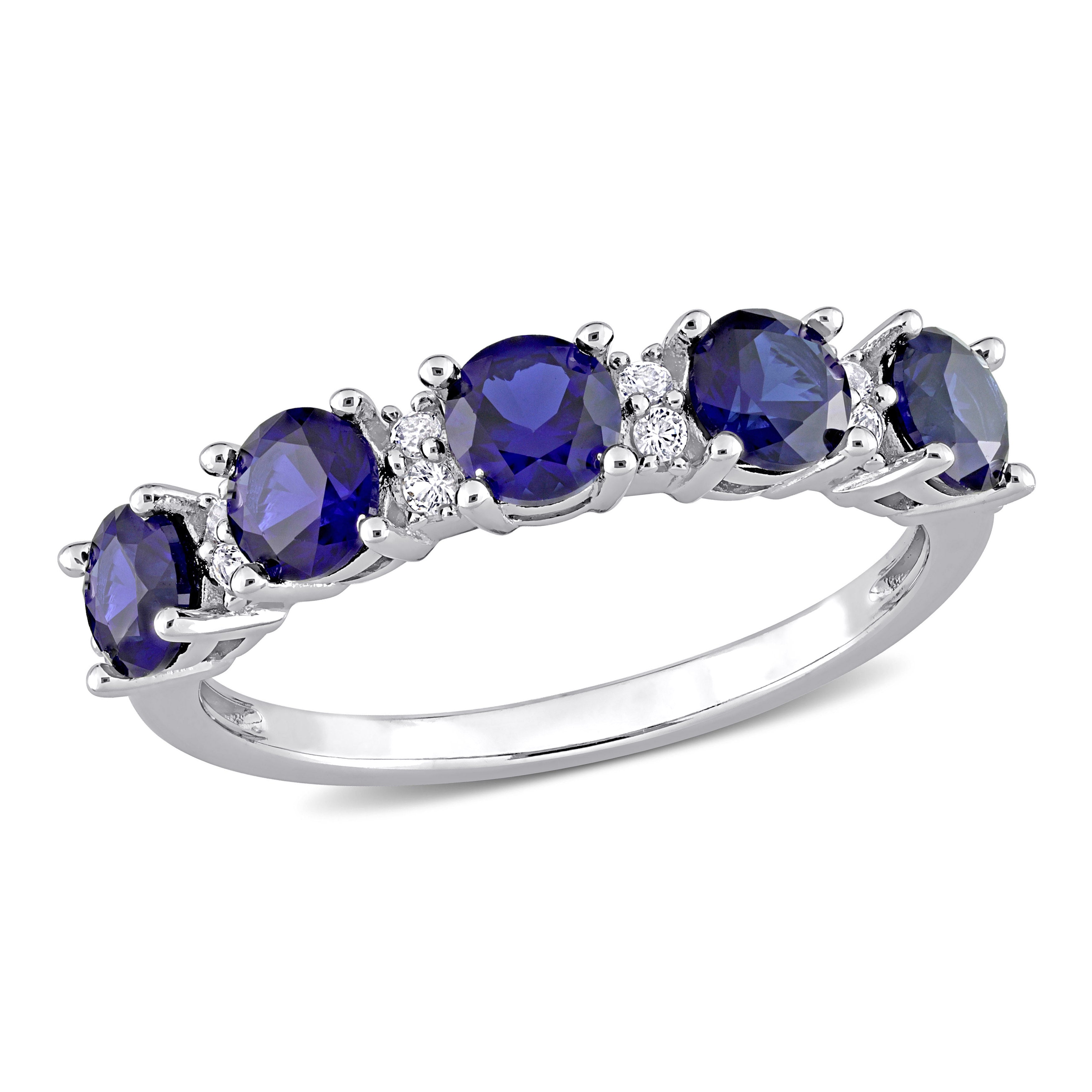 Blue created sapphire five-stone semi-eternity ring in sterling silver, front view by Lord & Taylor