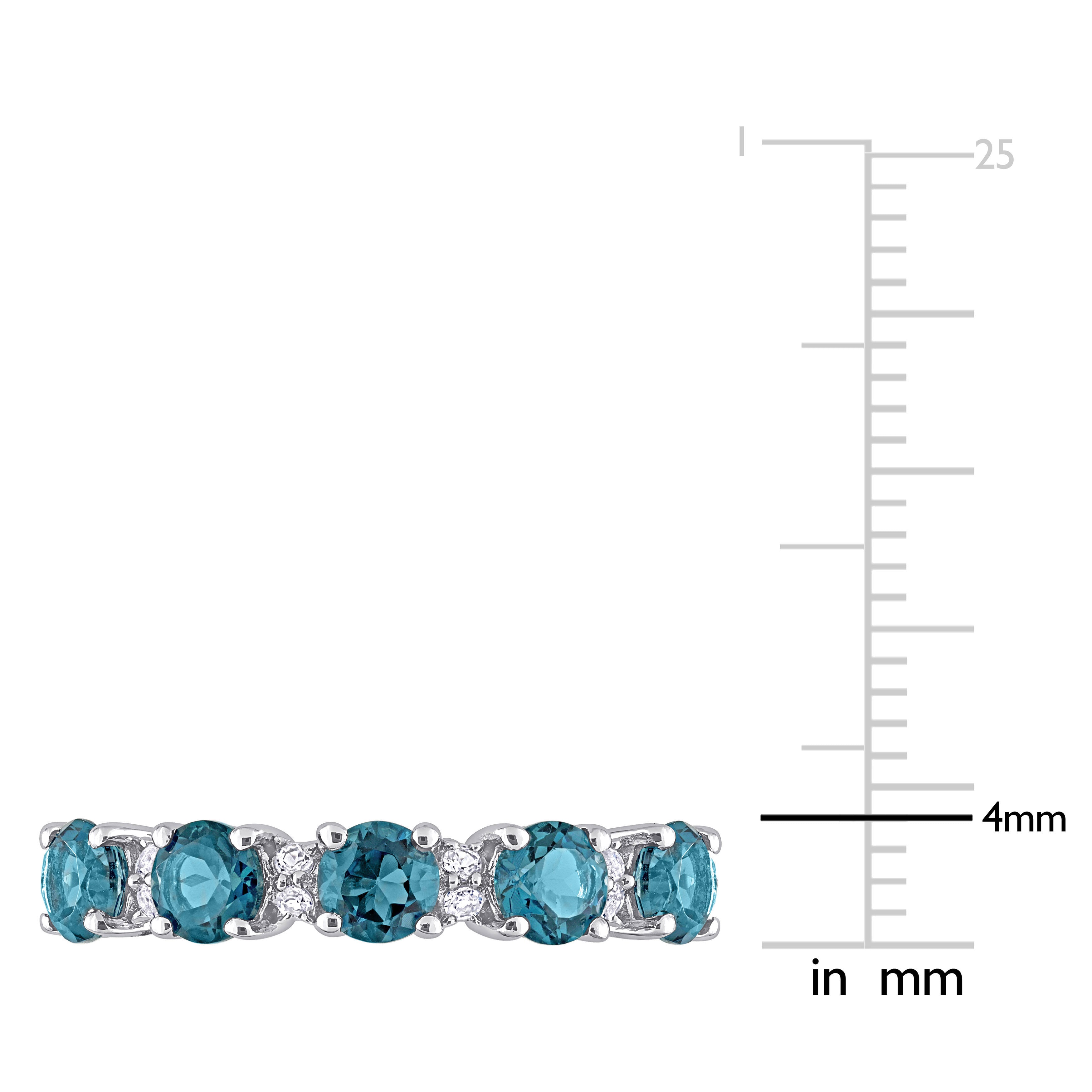 Blue topaz semi-eternity ring in sterling silver, side angle