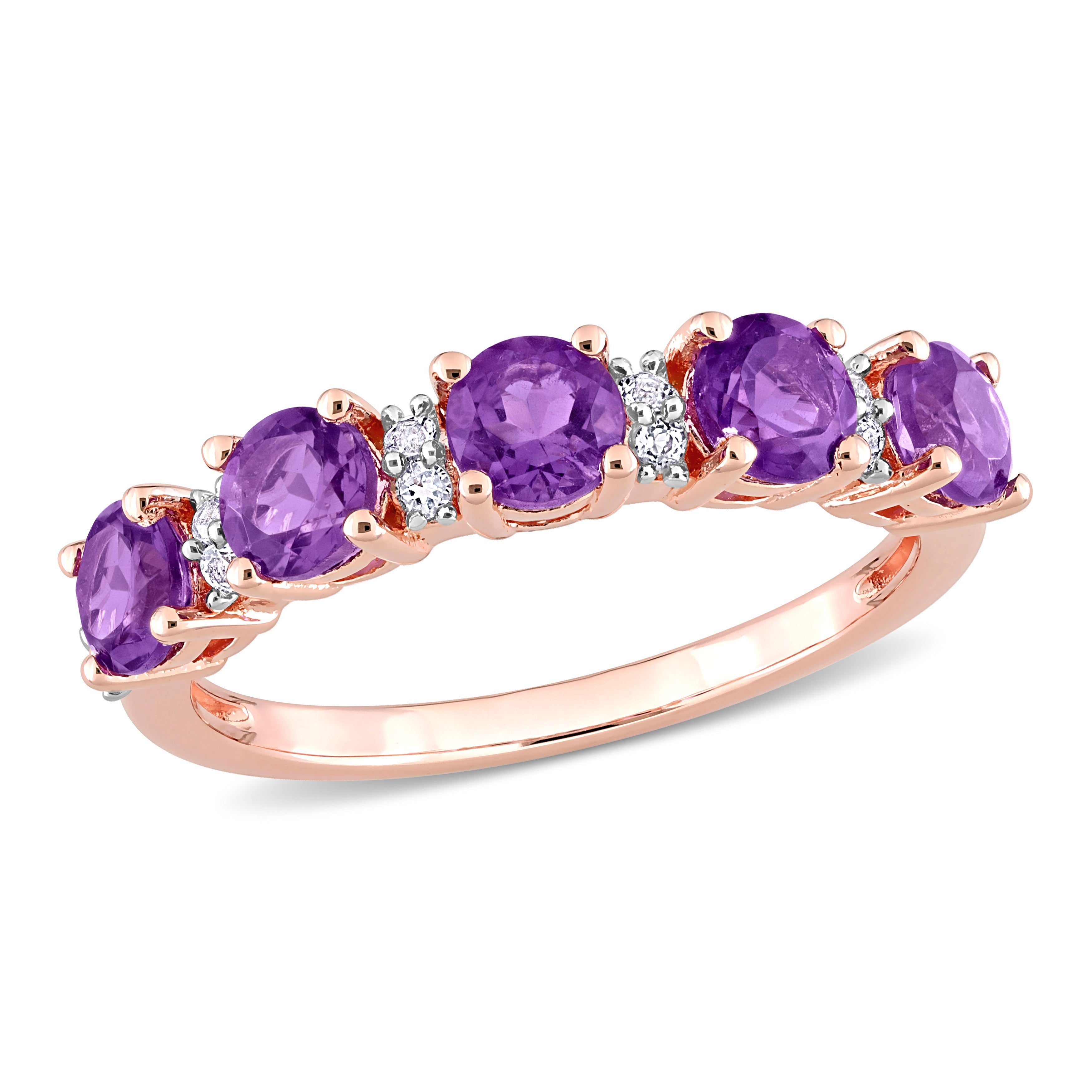 Amethyst five-stone ring in rose-plated sterling silver, front view