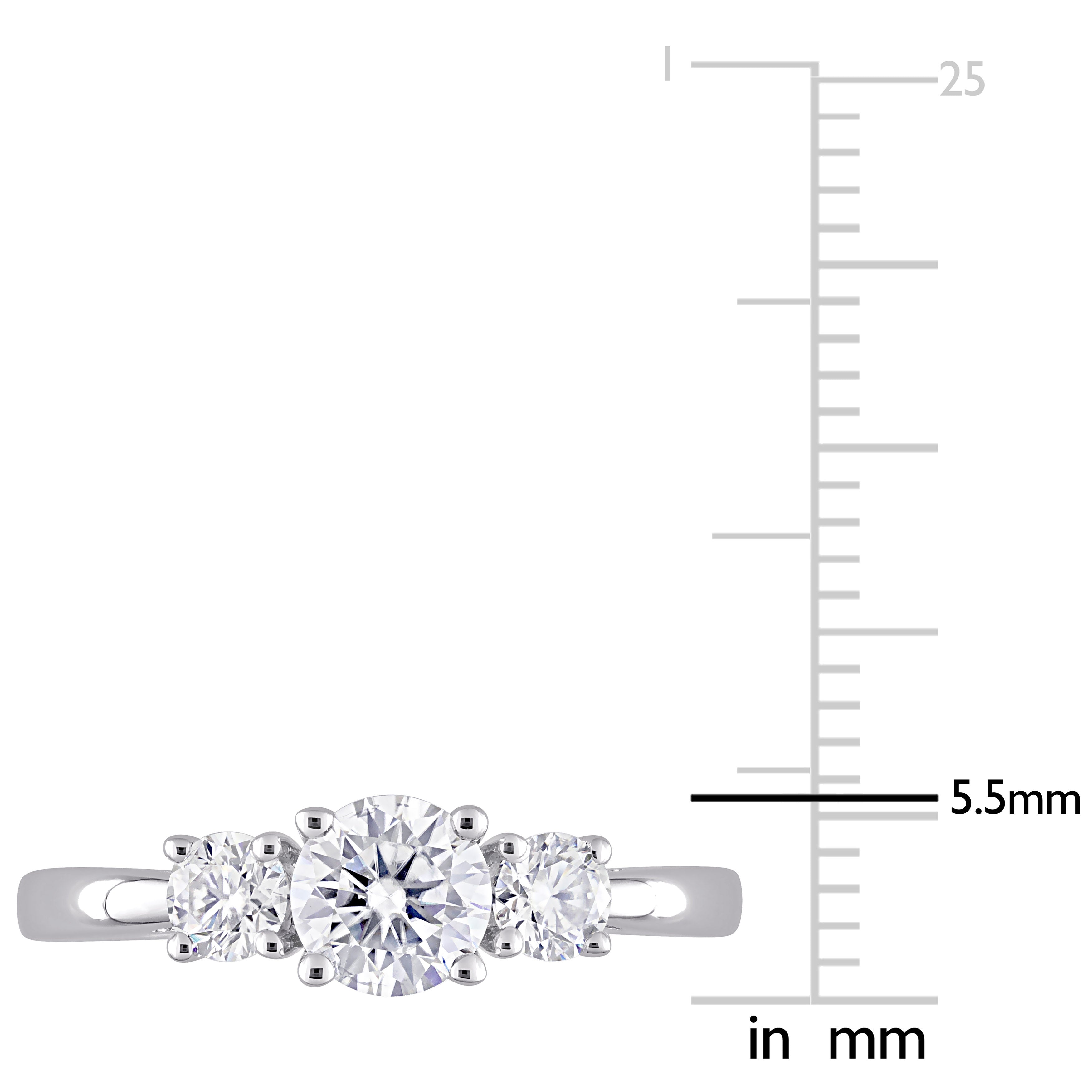 Sterling silver three-stone moissanite ring, angled detail view by Lord & Taylor