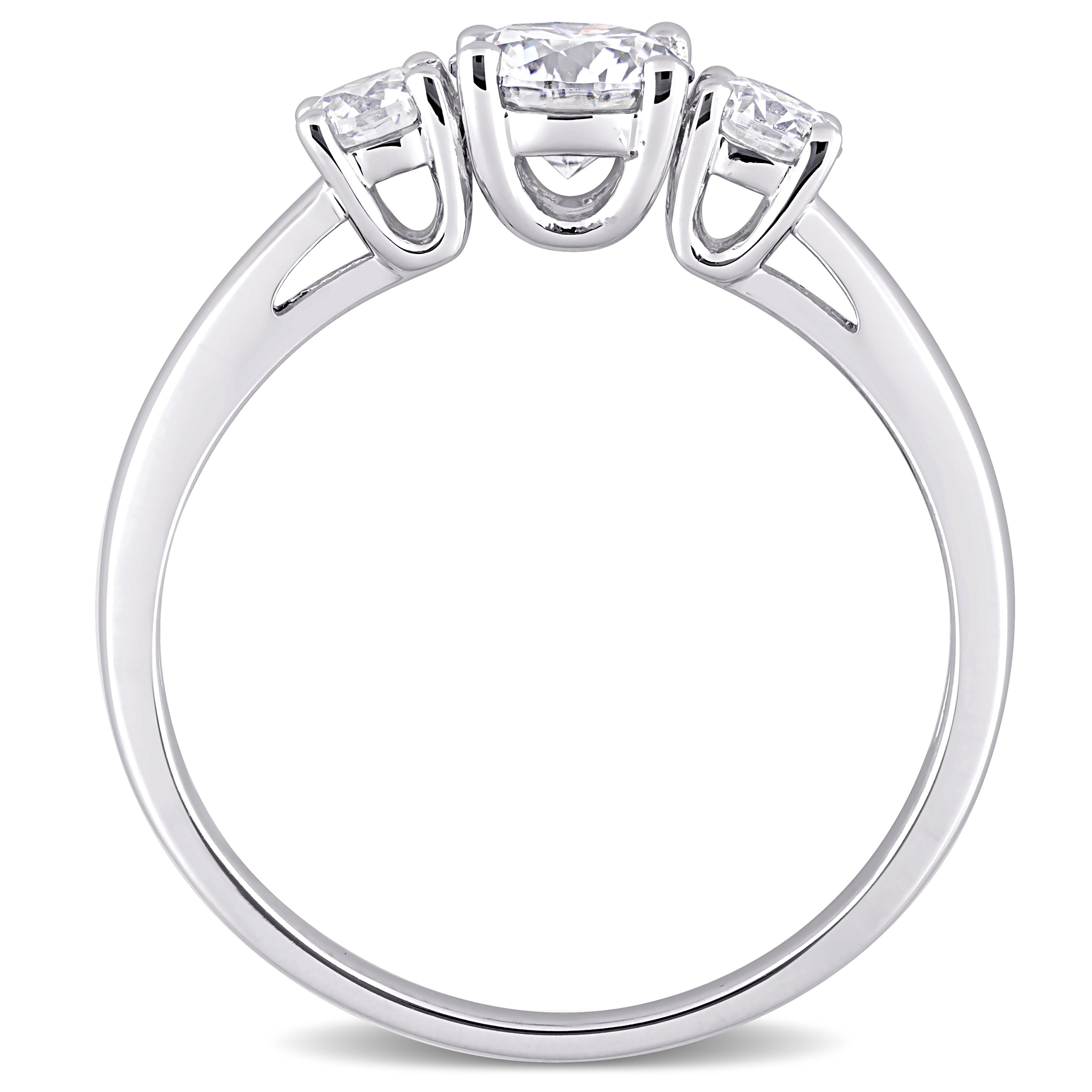 Sterling silver three-stone moissanite ring, top-down view by Lord & Taylor