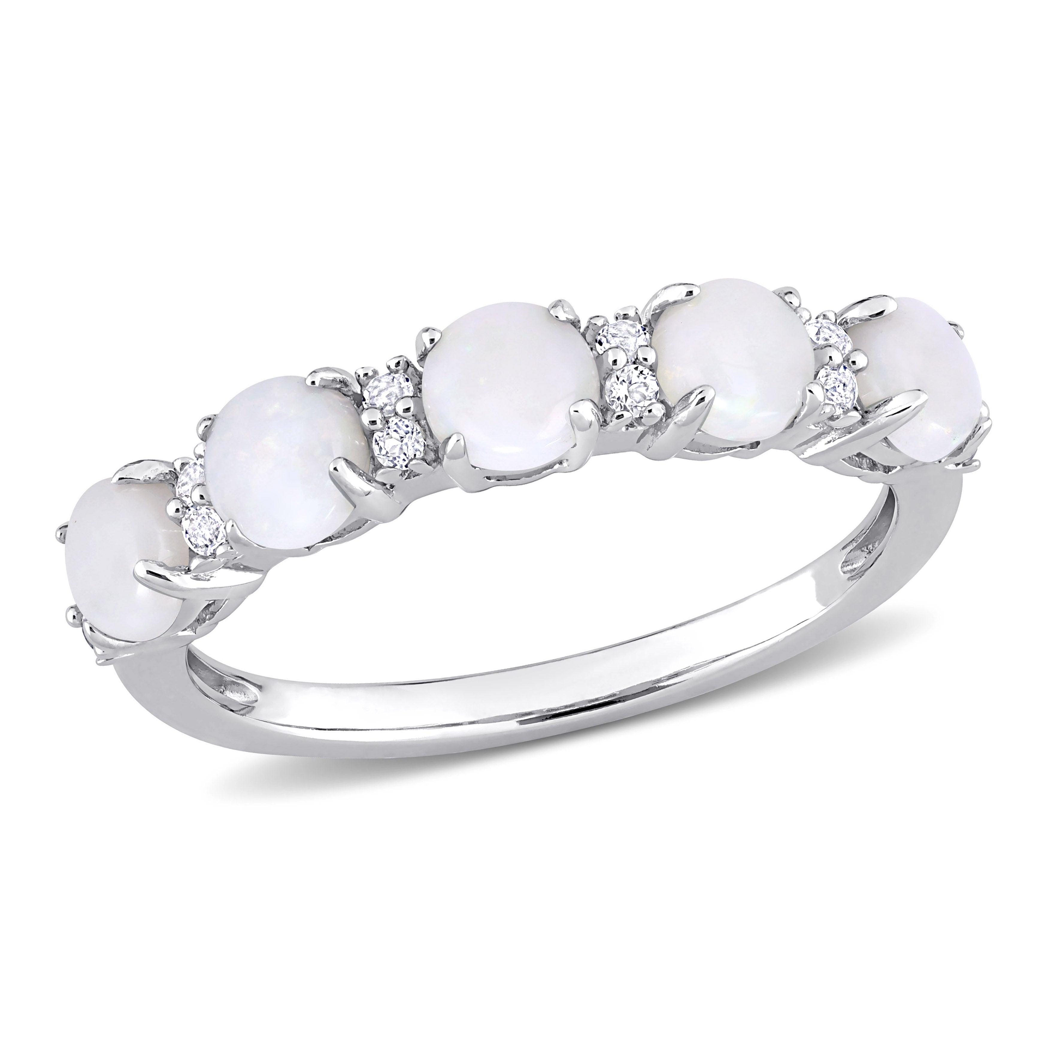Sterling silver opal and white topaz ring by Delmar, top view