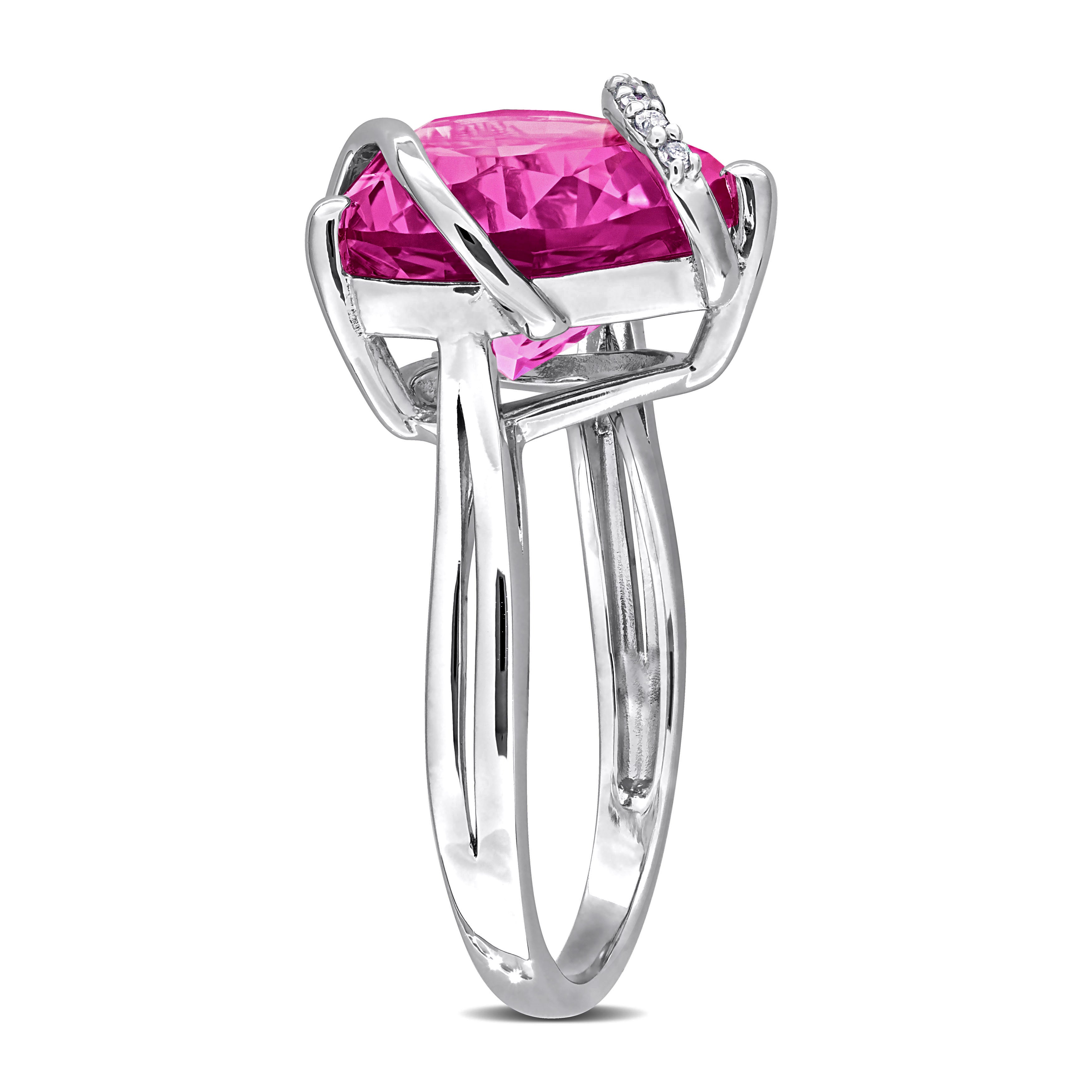 Pink sapphire heart ring with diamond accents by Delmar, back view