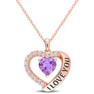Rose gold plated amethyst heart pendant necklace with white topaz halo by Delmar, front view