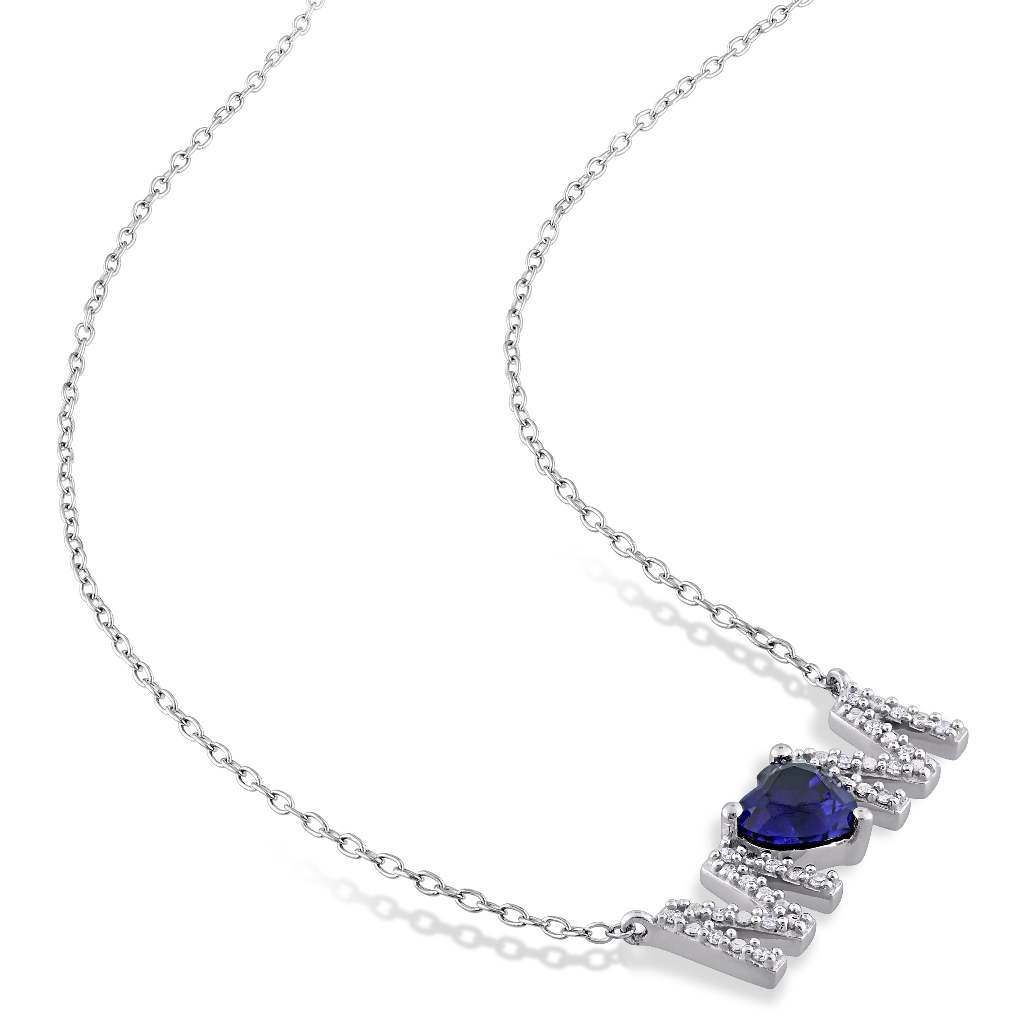 Sterling silver MOM pendant with heart-shaped gemstones and diamonds, detail view
