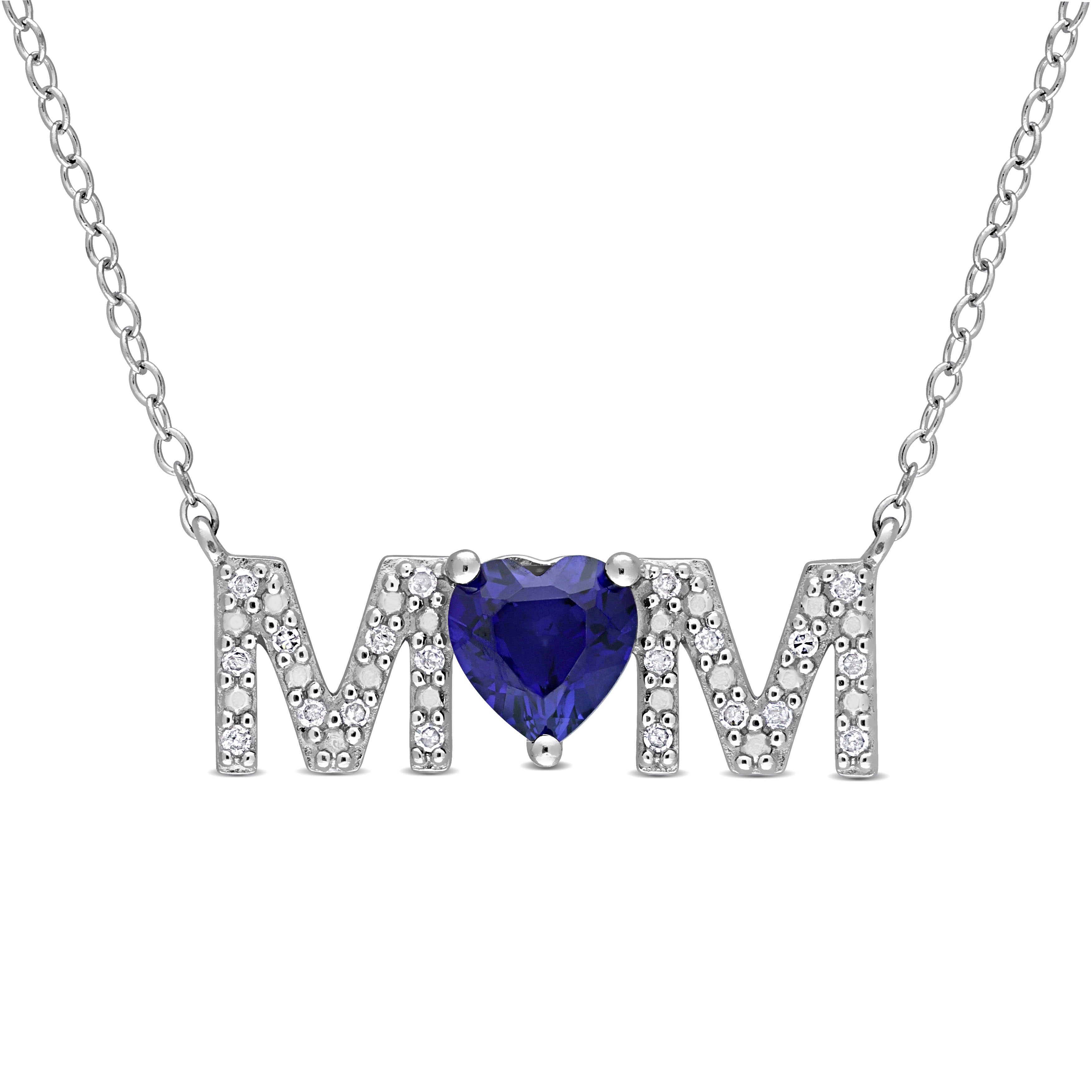 Blue created sapphire MOM heart necklace in sterling silver by Lord & Taylor, front view