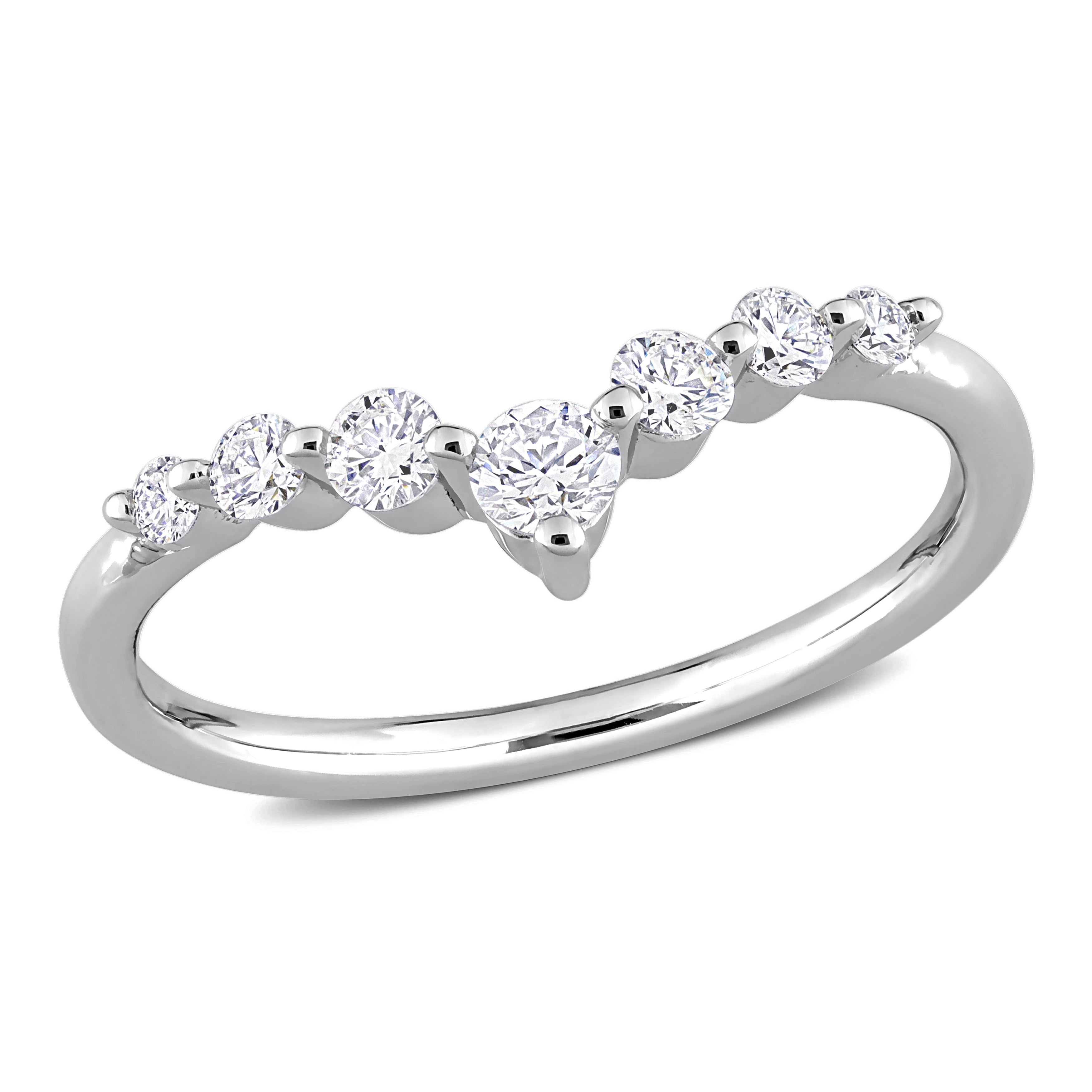 Platinum sterling silver chevron ring with lab-grown diamonds, front view by Lord & Taylor