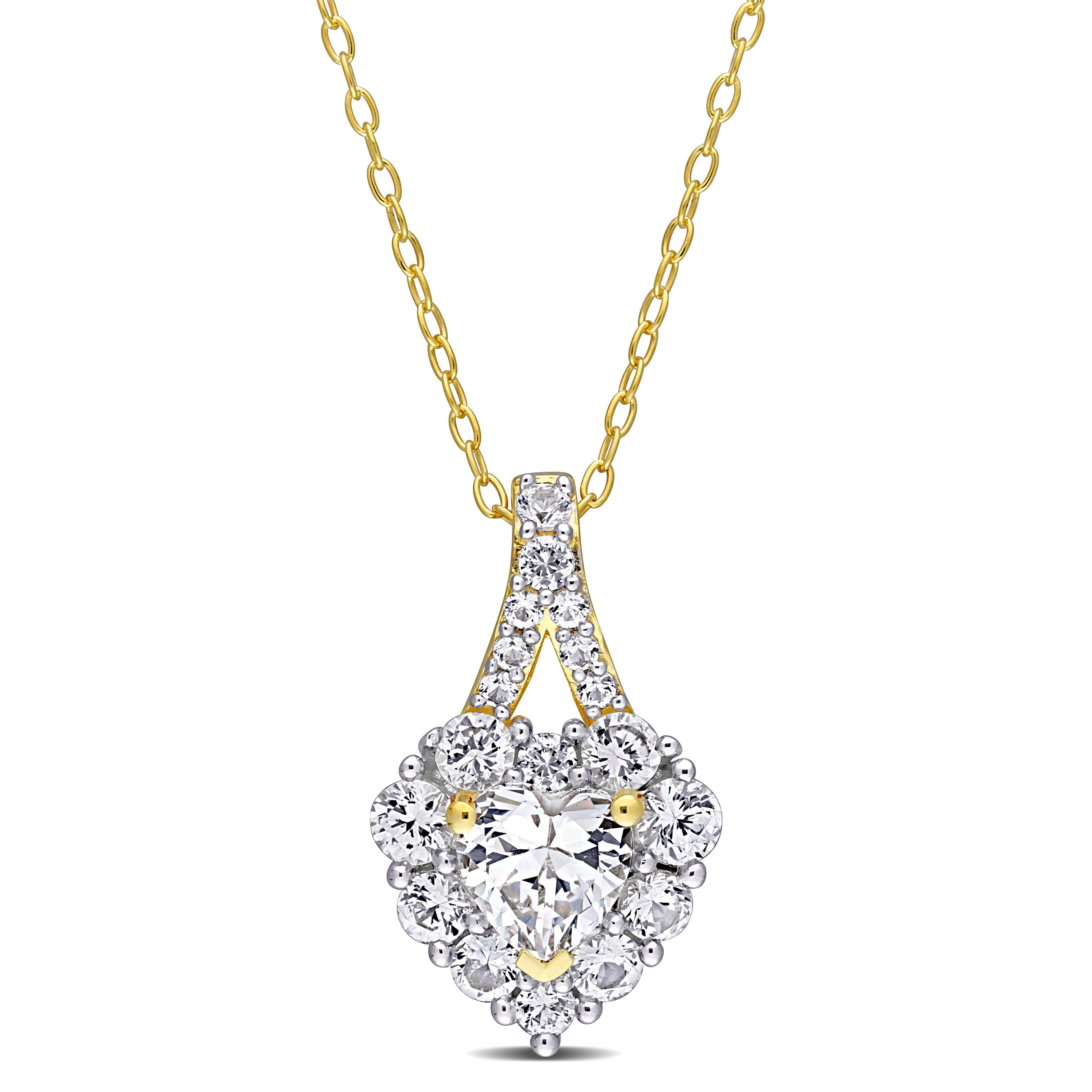 Yellow-plated sterling silver heart pendant necklace with white sapphire halo, front view by Lord & Taylor