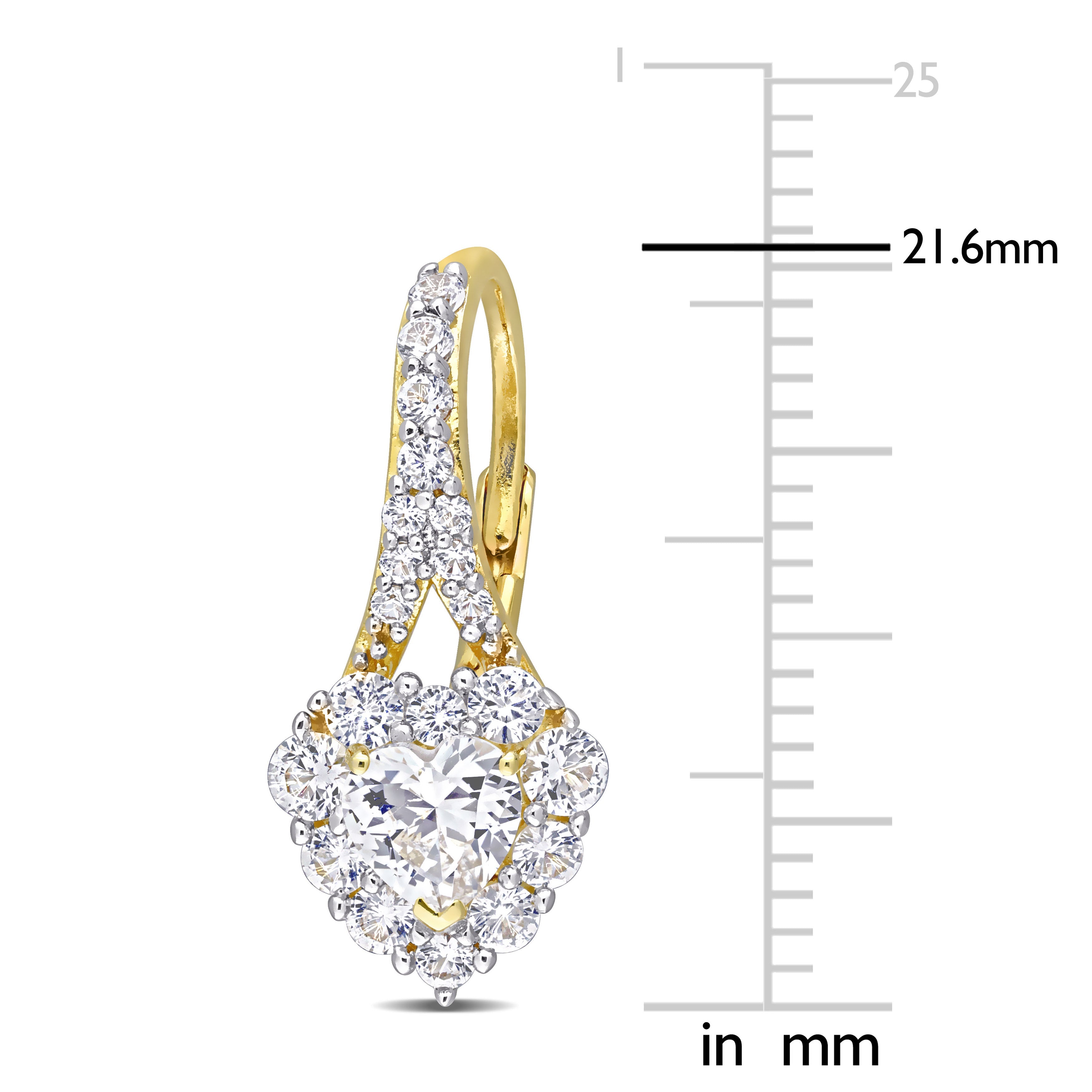 Close-up of created white sapphire halo setting on yellow-plated silver heart earring