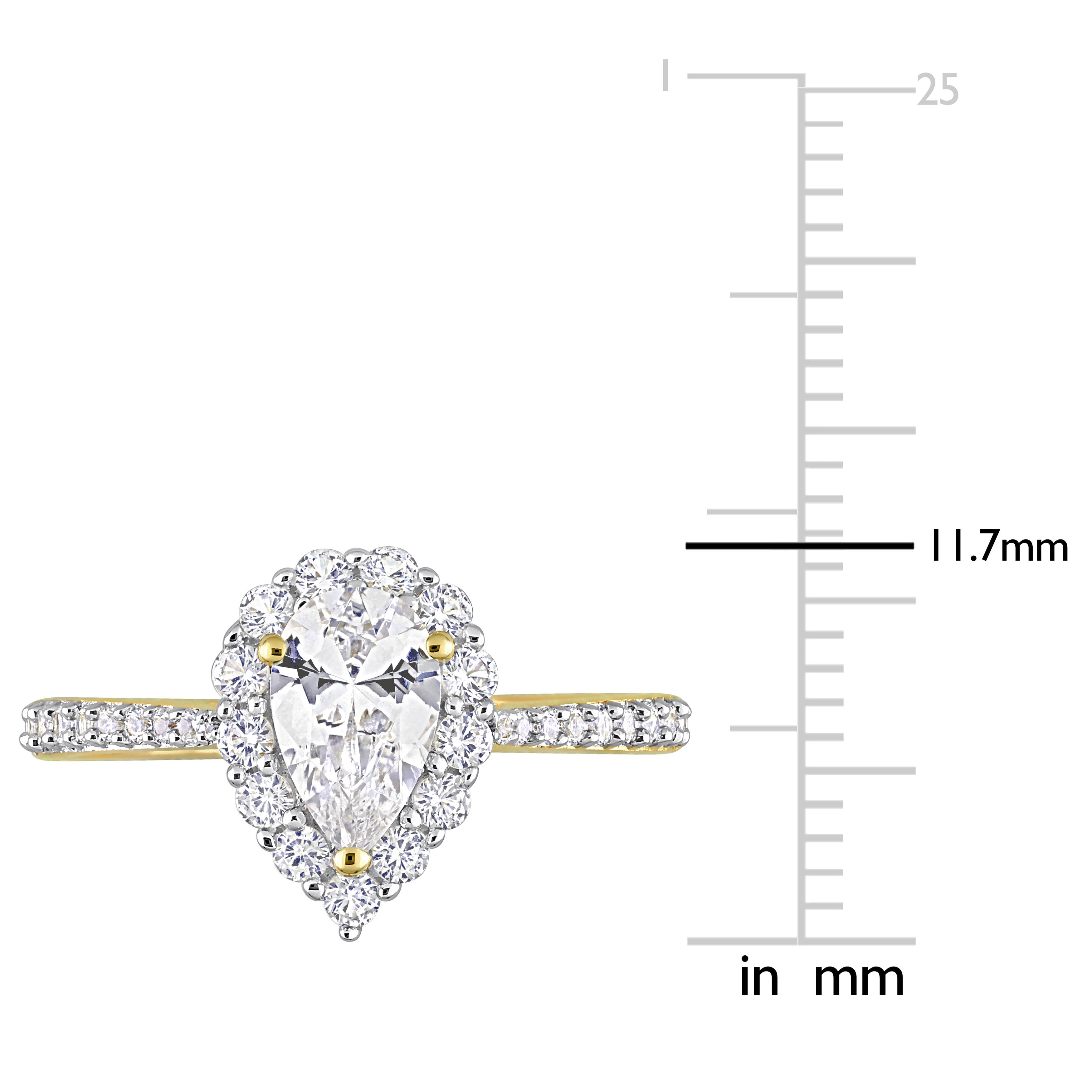 Yellow gold plated teardrop halo ring close-up of pear-cut sapphire and halo by Lord & Taylor