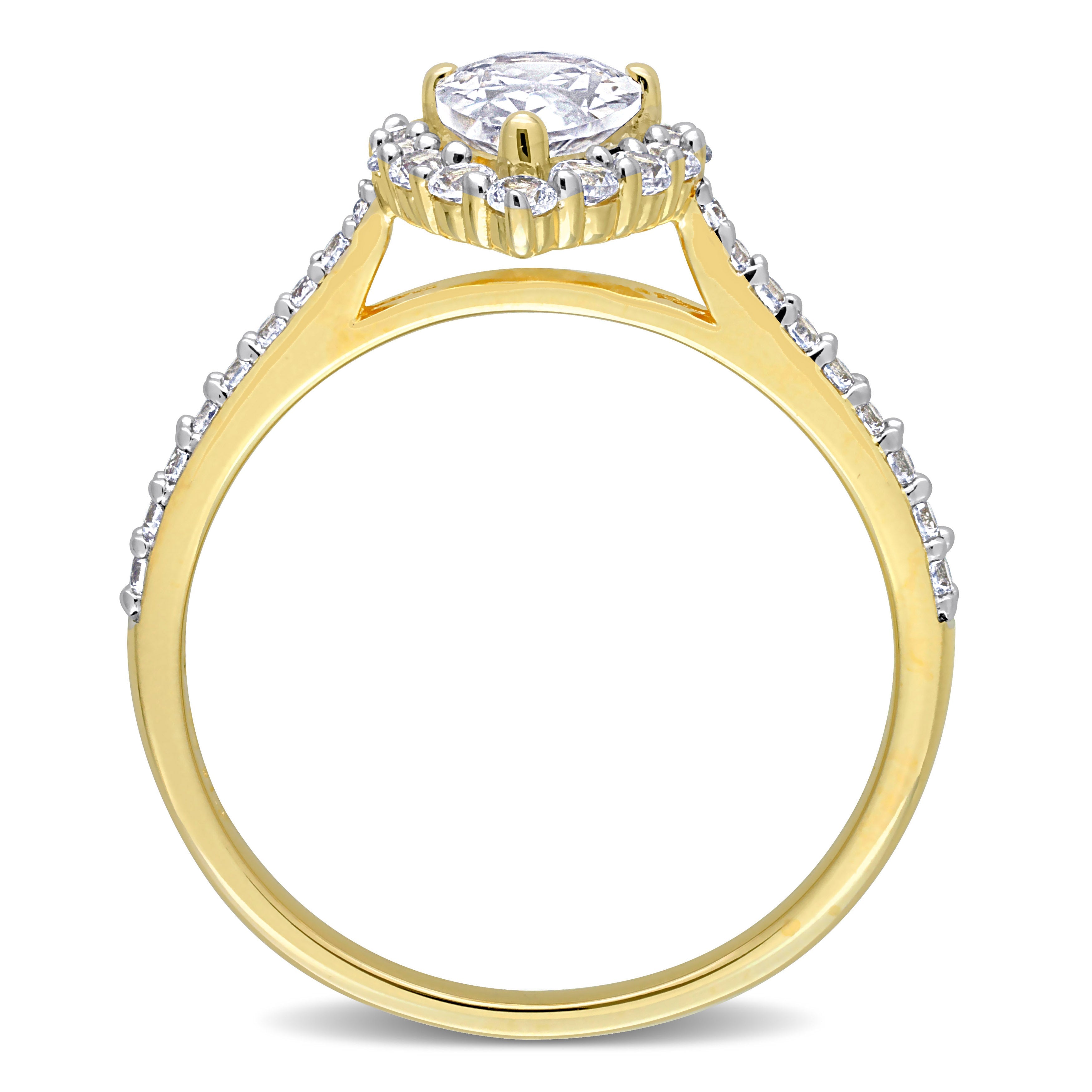 Yellow gold plated teardrop halo ring with pear-cut white sapphire, angled view by Lord & Taylor