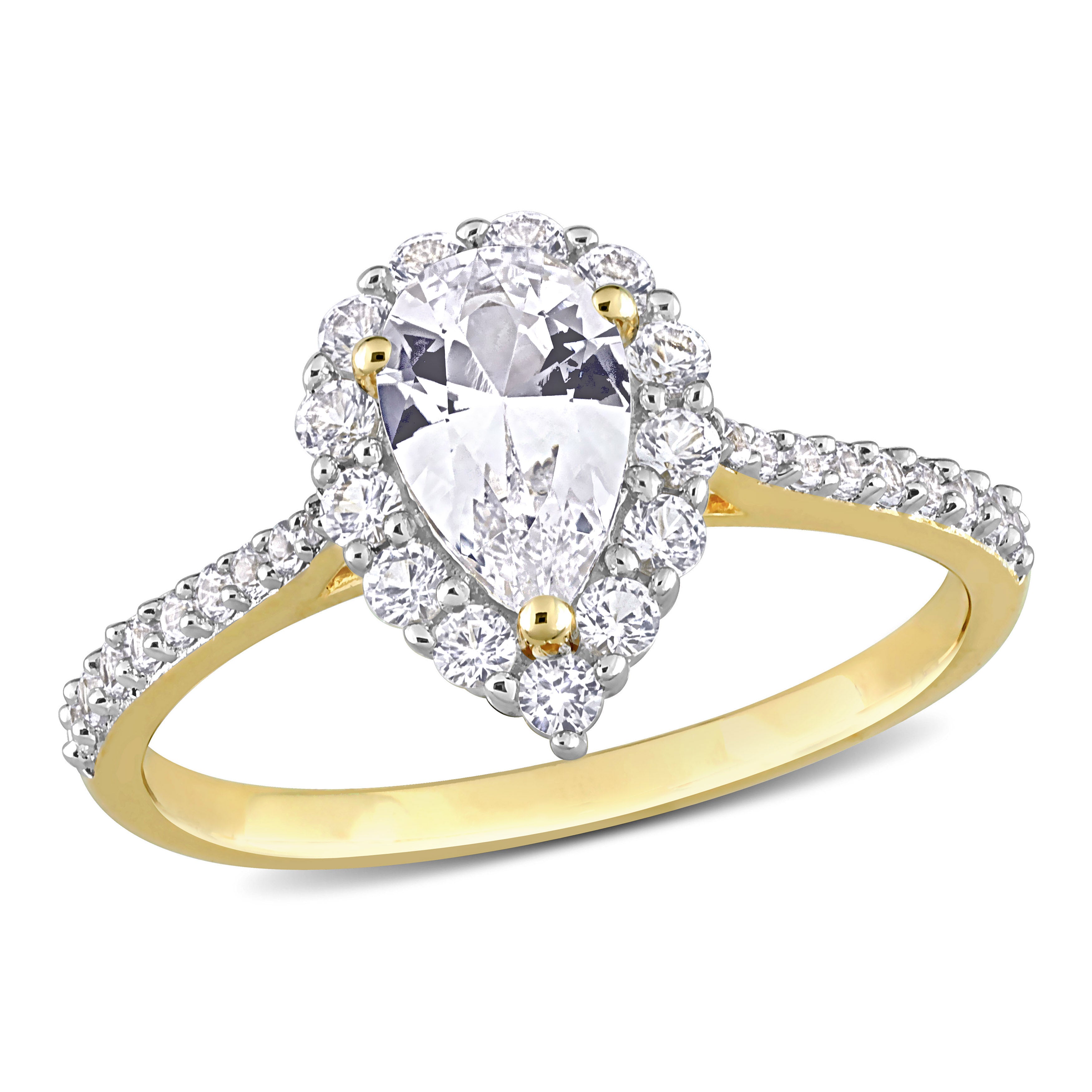 Yellow gold plated teardrop halo ring with pear-cut white sapphire, front view by Lord & Taylor