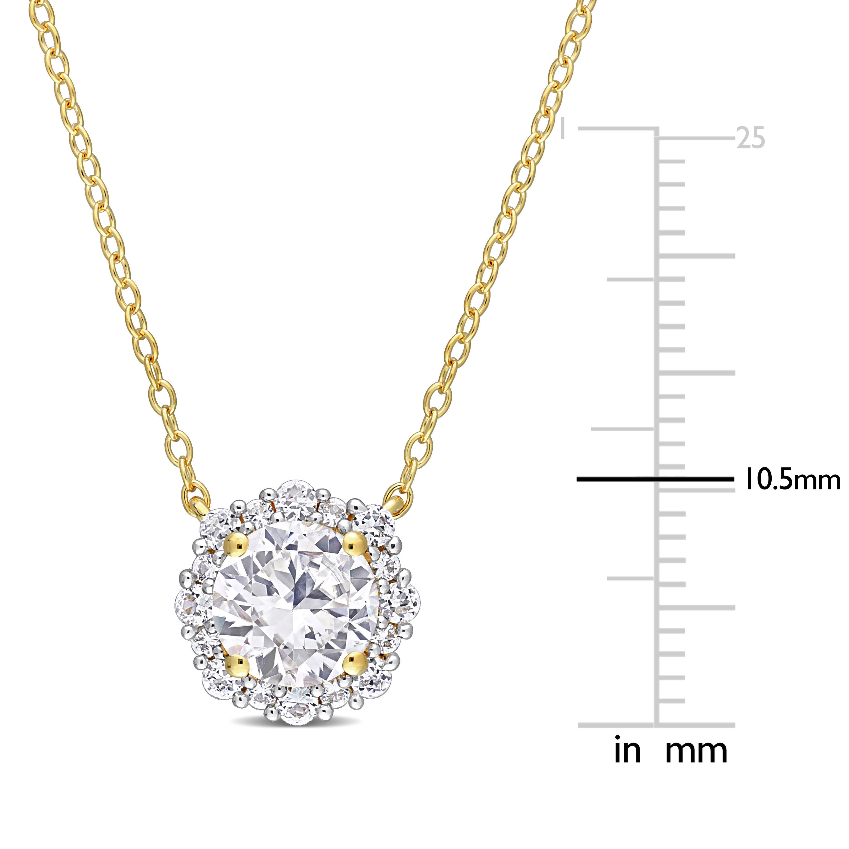 Yellow gold plated halo pendant necklace with white sapphire by Lord & Taylor, close-up of center stone