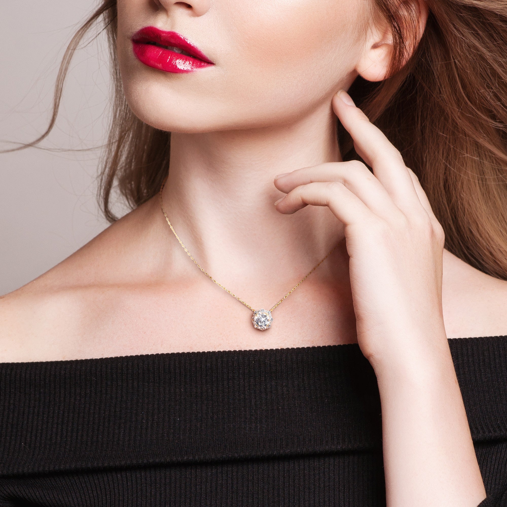 Yellow gold plated halo pendant necklace with white sapphire by Lord & Taylor, lifestyle view