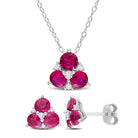Ruby three-stone pendant necklace and earring set in sterling silver by Lord & Taylor, front view