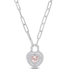 Pink morganite heart-lock pendant necklace in sterling silver with white sapphire halo, front view by Delmar