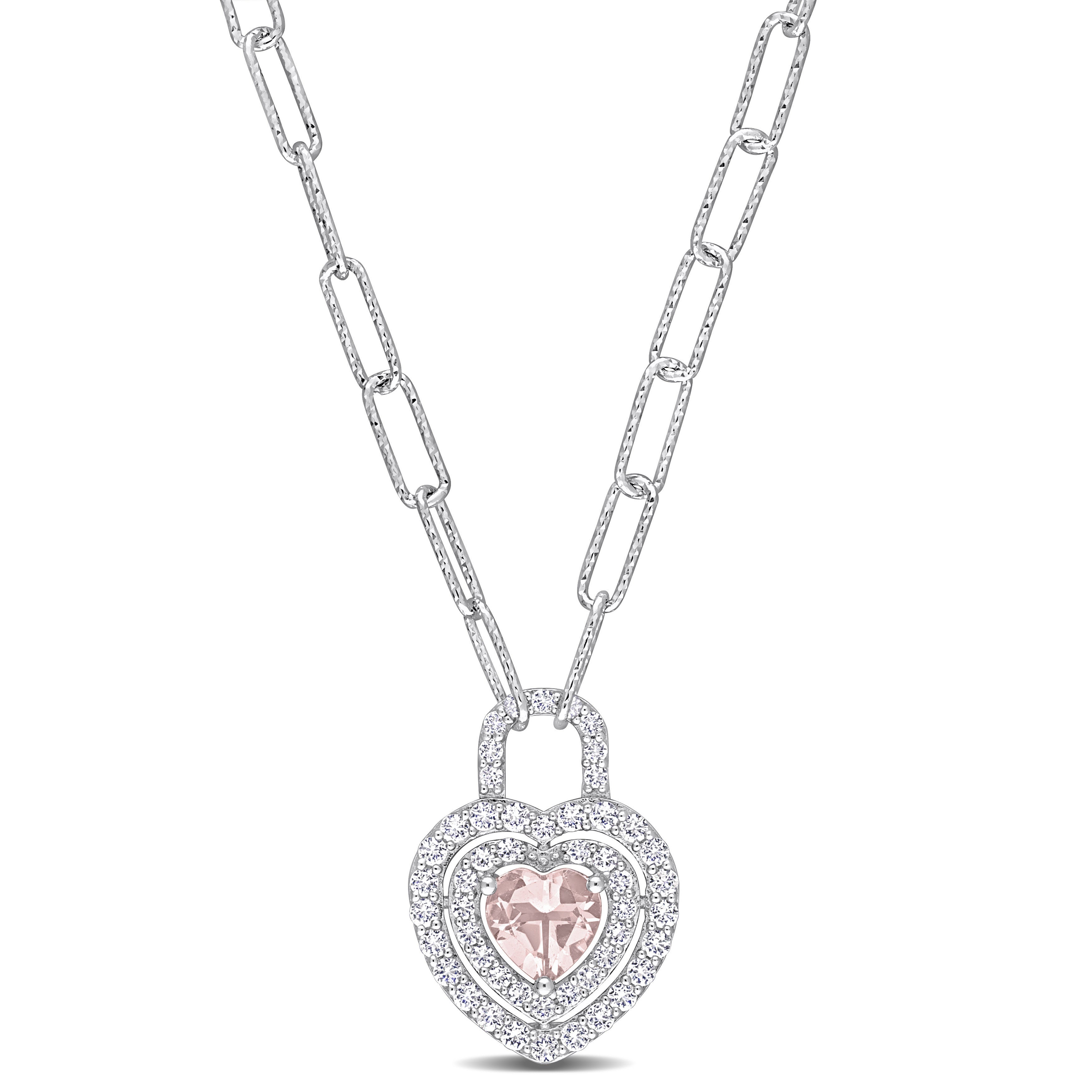 Pink morganite heart-lock pendant necklace in sterling silver with white sapphire halo, front view by Delmar