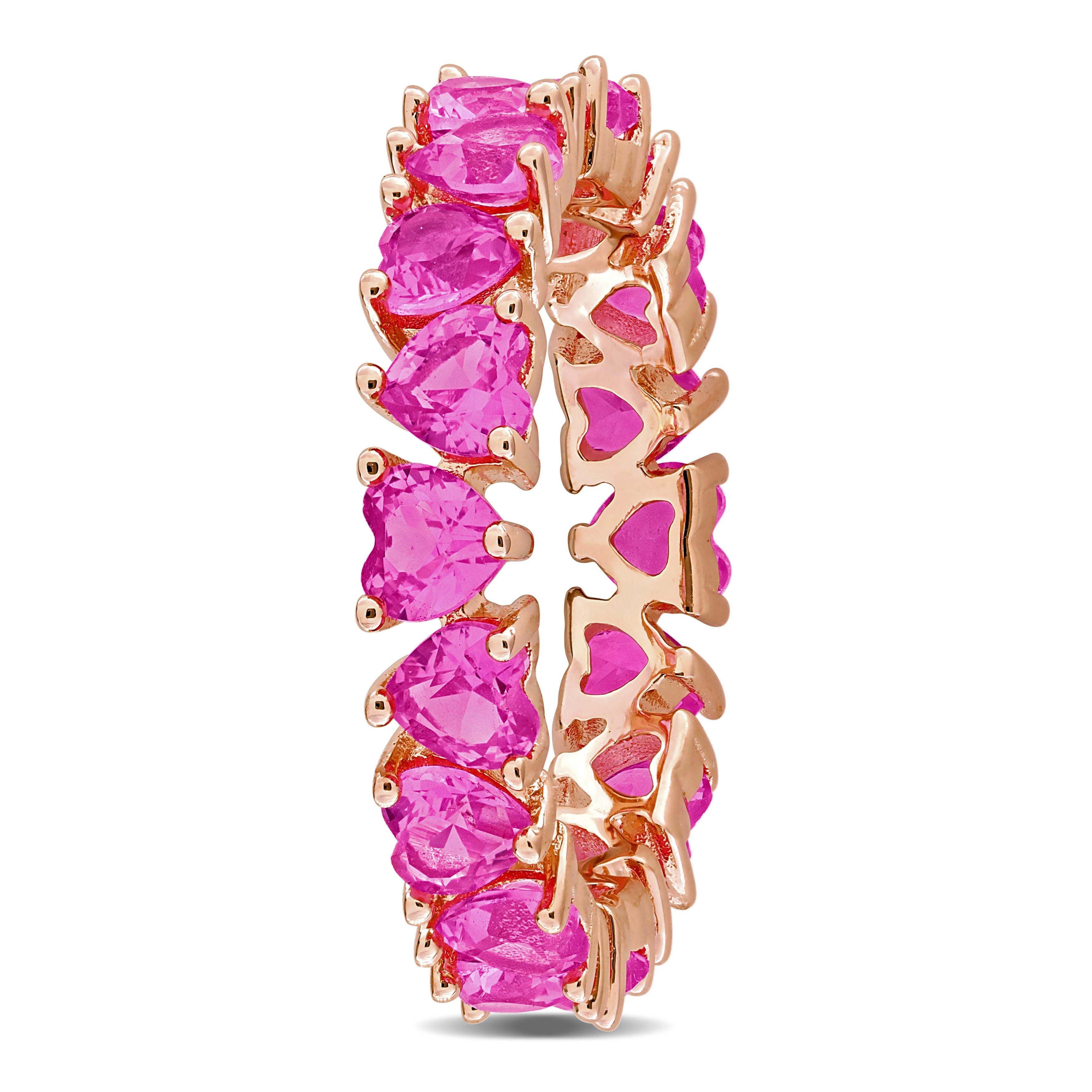 Pink sapphire heart eternity ring in rose-plated sterling silver, back view by Lord & Taylor