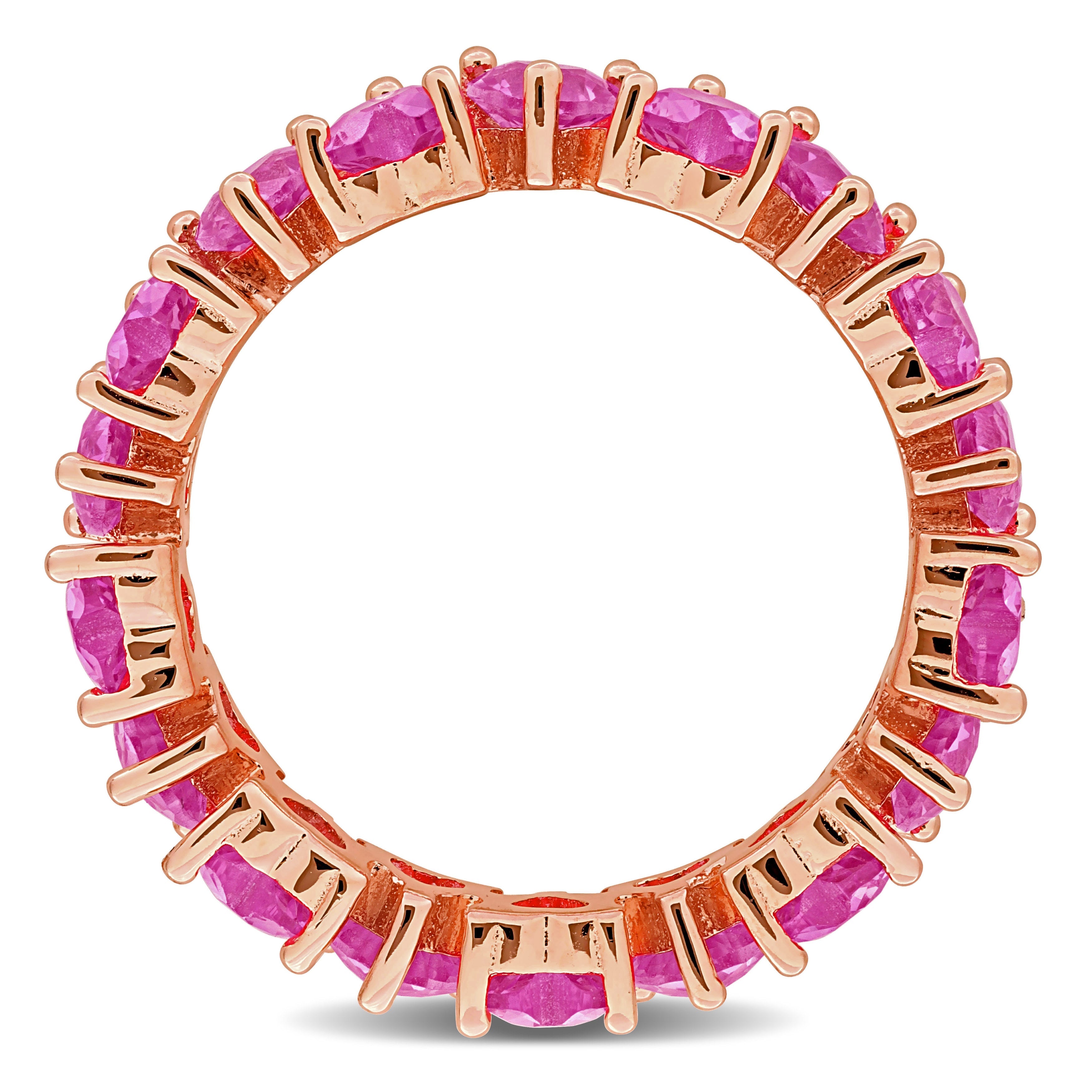 Pink sapphire heart eternity ring in rose-plated sterling silver, diagonal view by Lord & Taylor