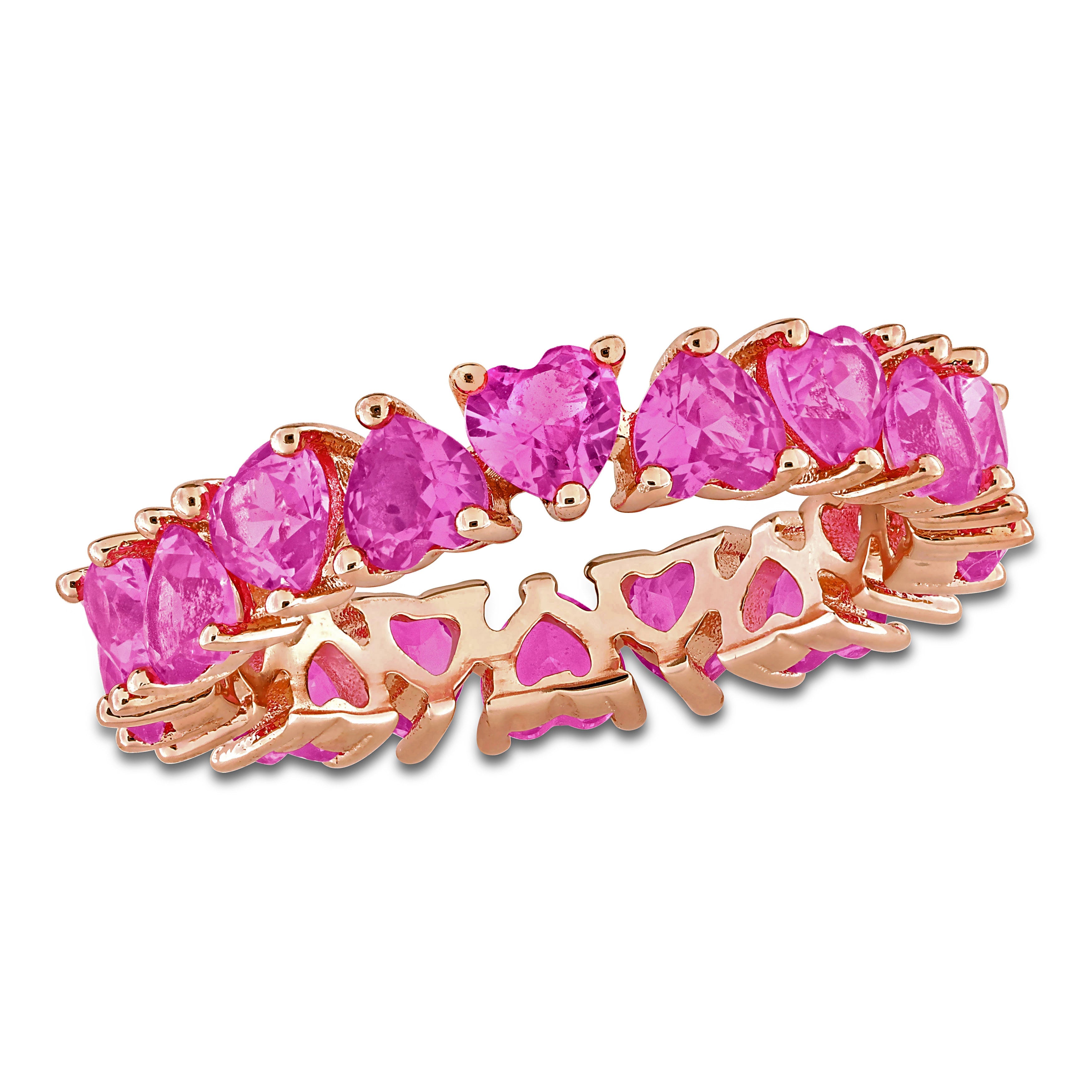 Pink sapphire heart eternity ring in rose-plated sterling silver, front view by Lord & Taylor