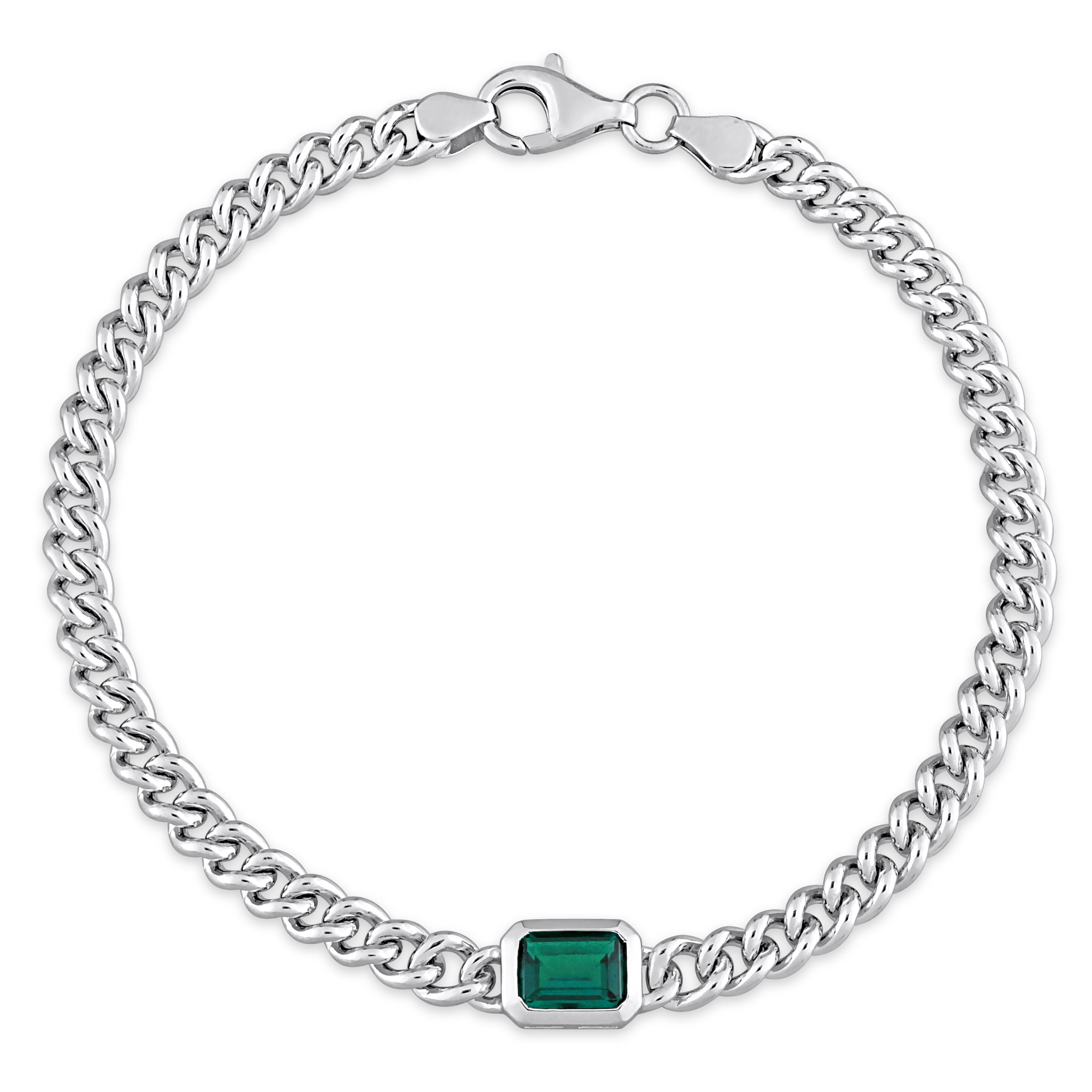 Sterling silver curb chain bracelet with created emerald center stone, front view by Lord & Taylor