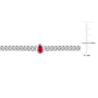 Close-up of pear-cut created ruby gemstone in bezel setting on sterling silver chain