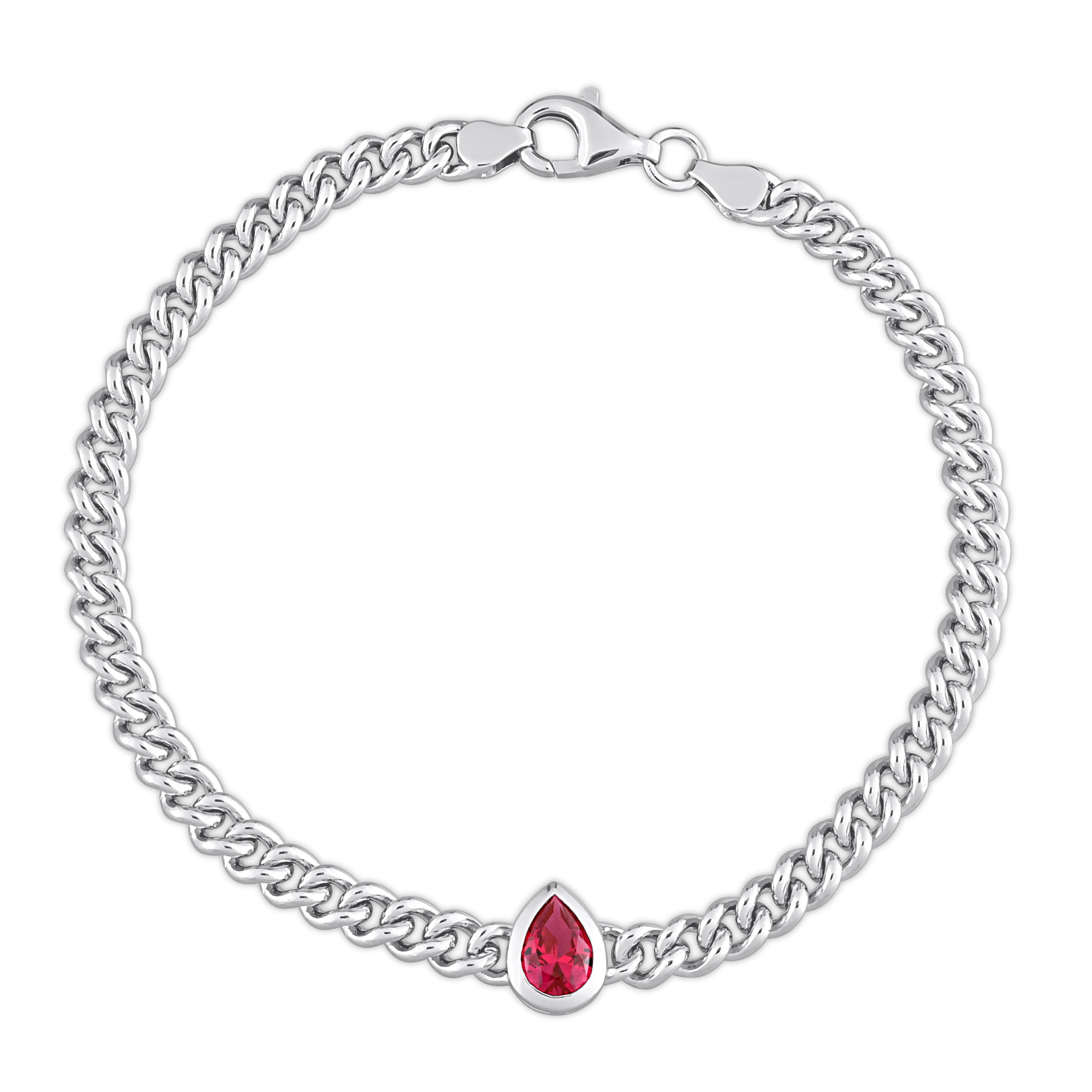 Sterling silver curb link bracelet with red created ruby center stone by Lord & Taylor, front view