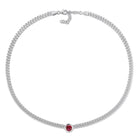 Round-cut created ruby in bezel setting on sterling silver chain, detail view
