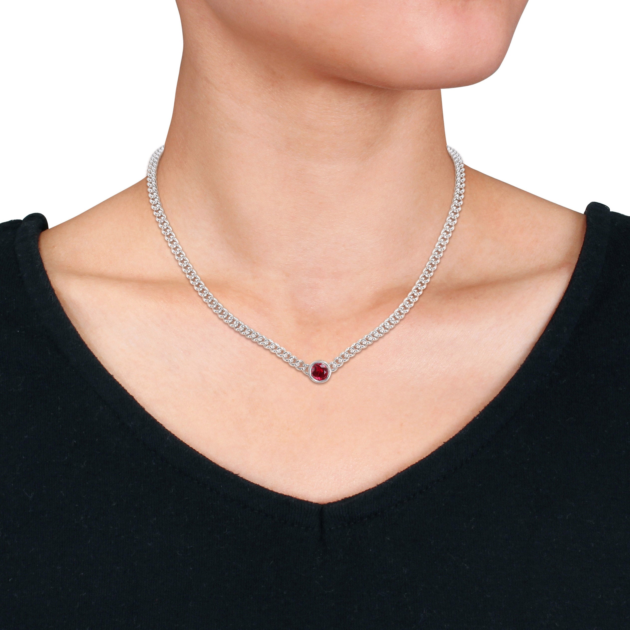 Created ruby gemstone necklace with flat curb links, angled view by Lord & Taylor