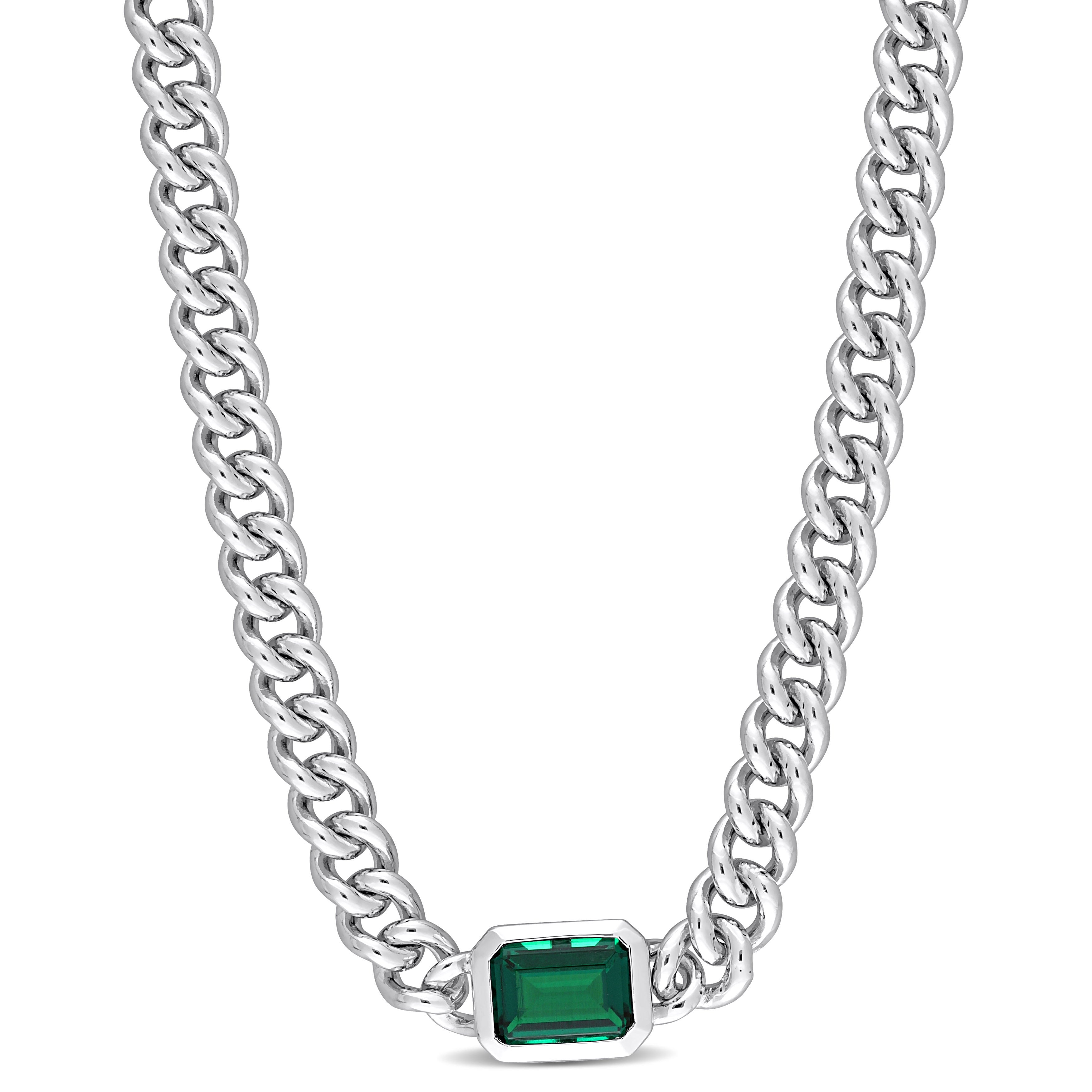 Sterling silver curb chain necklace with octagon created emerald, front view by Lord & Taylor