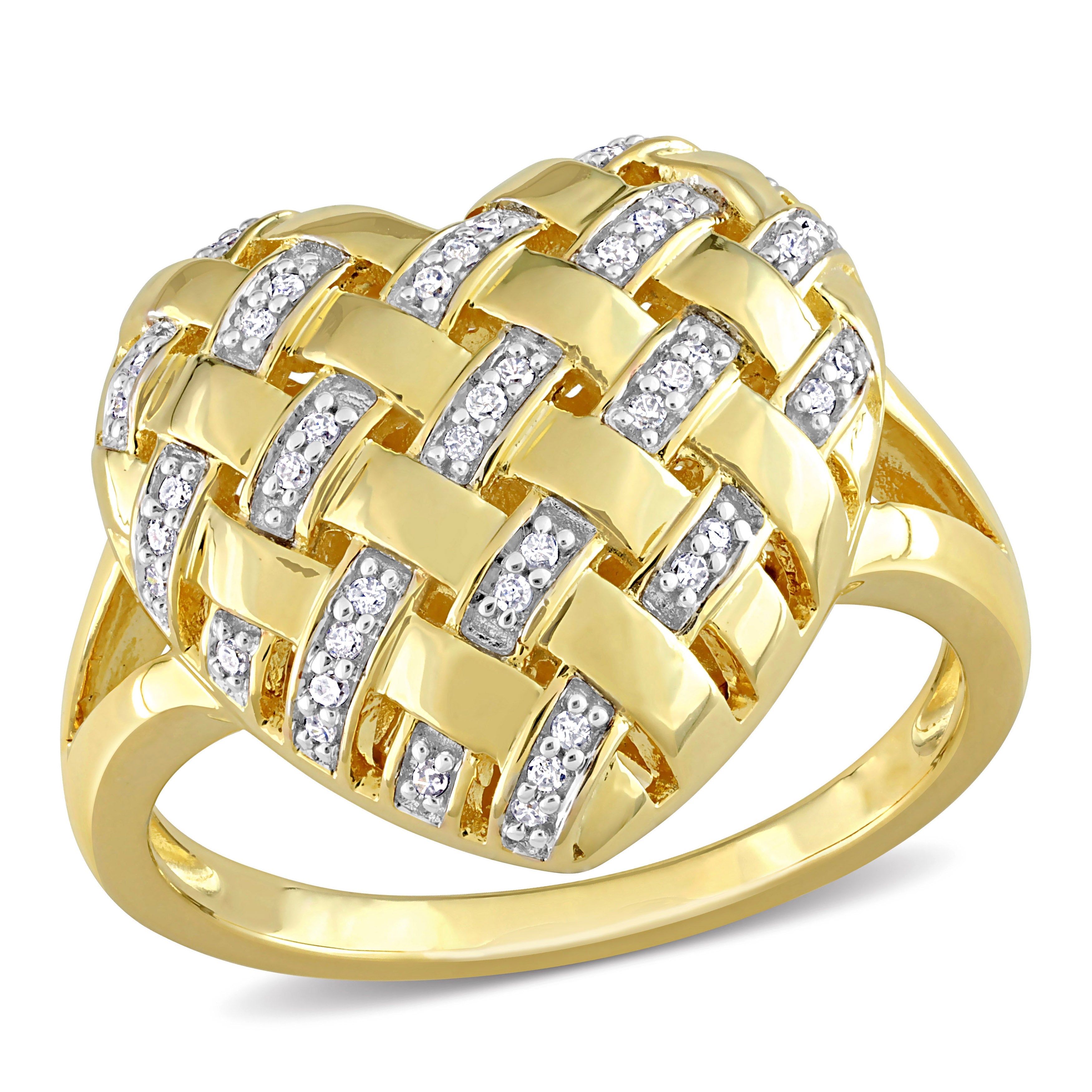 Yellow-plated silver diamond heart ring with lattice design, front view by Lord & Taylor