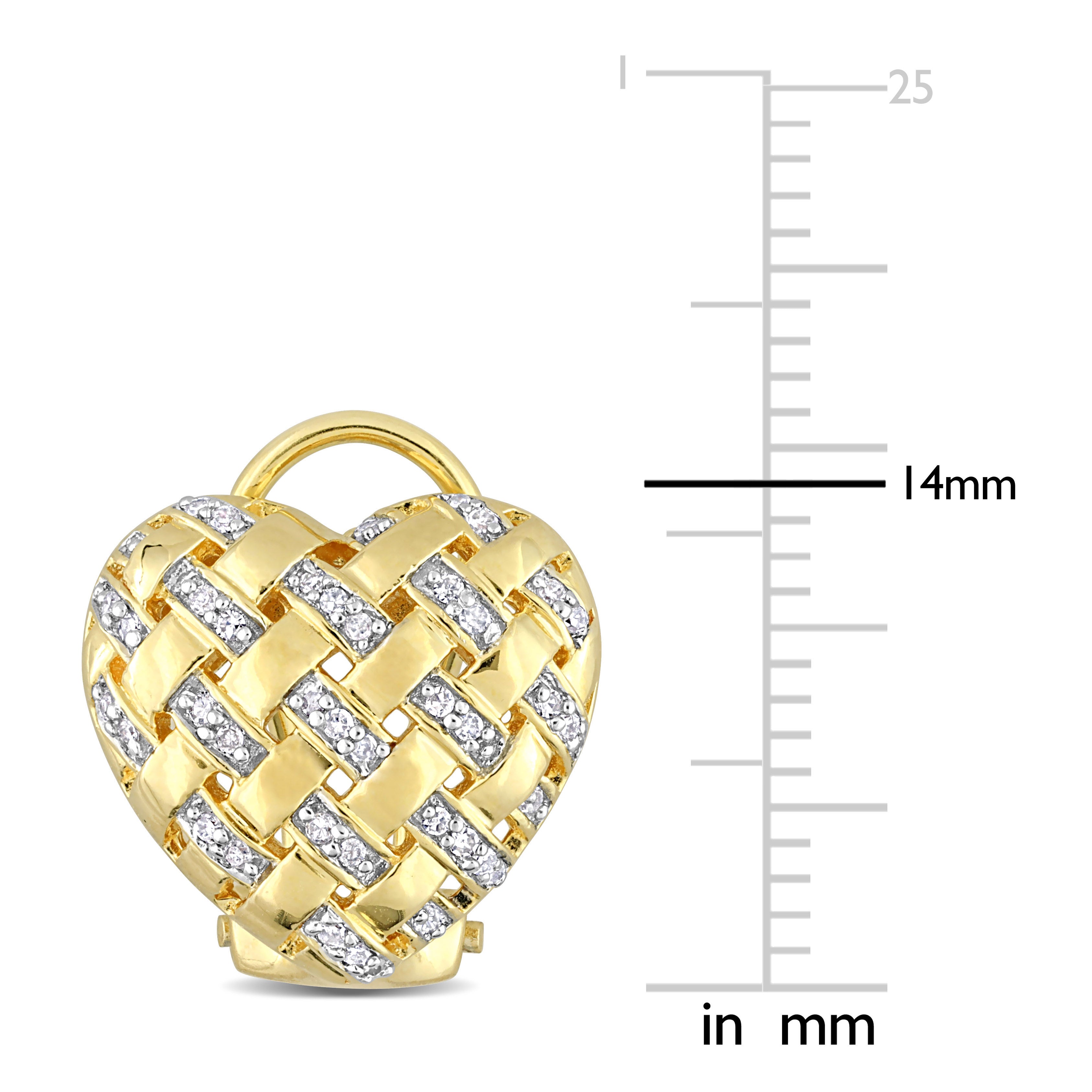 Yellow-plated sterling silver lattice heart stud earrings, close-up of diamond lattice pattern by Lord & Taylor