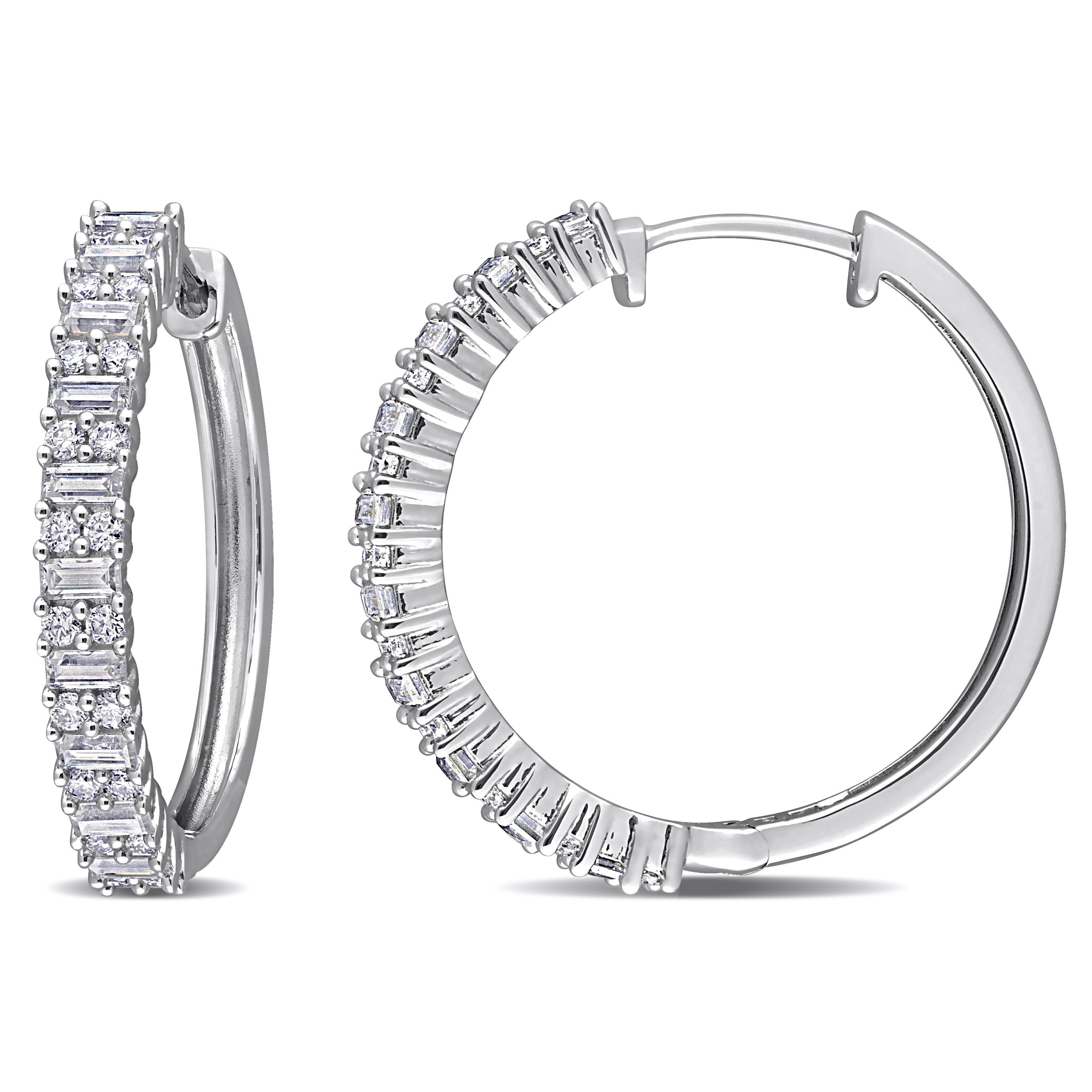 Sterling silver moissanite hoop earrings with alternating baguette and round cuts by Delmar, front view