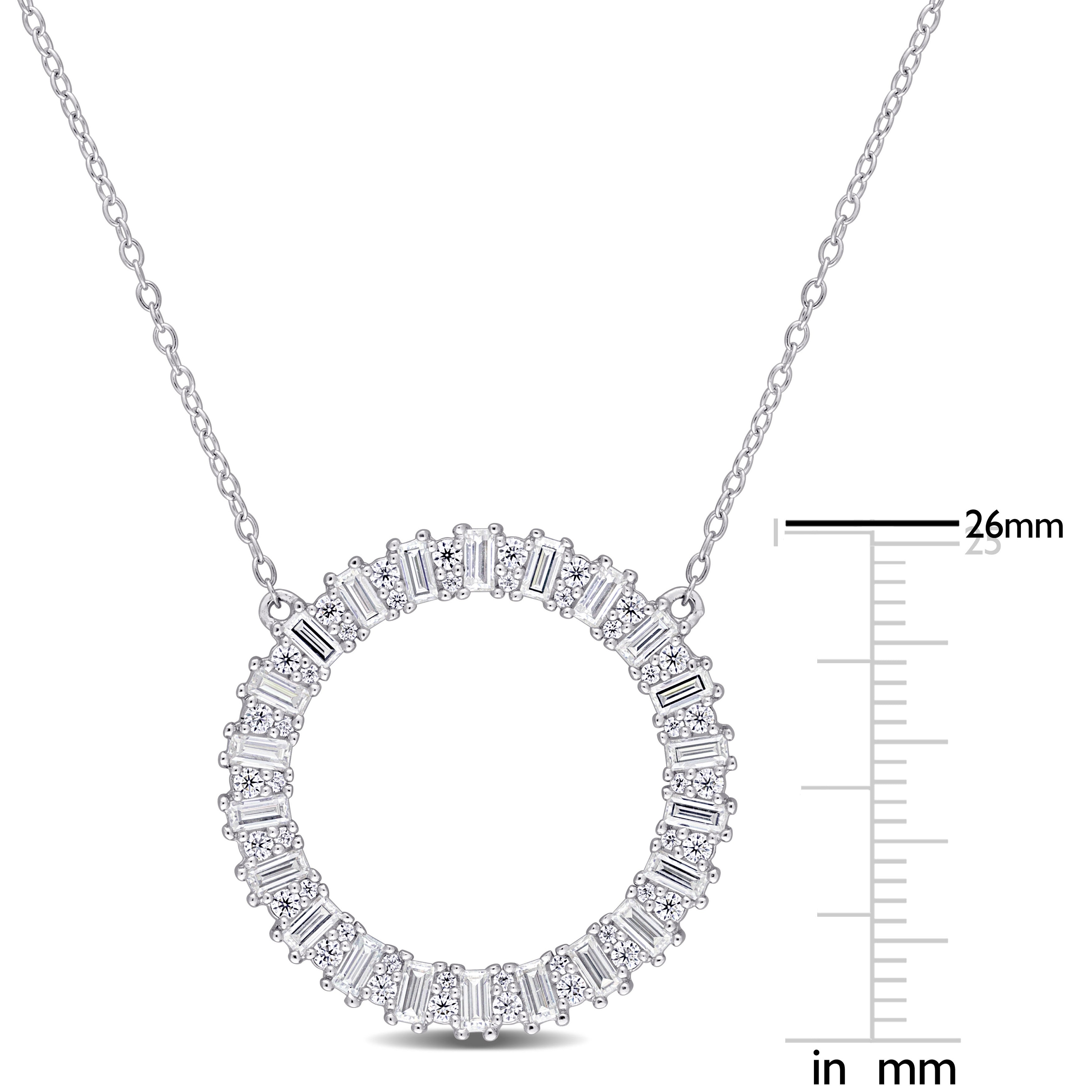 Close-up of baguette-cut and round-cut moissanite stones in sterling silver setting