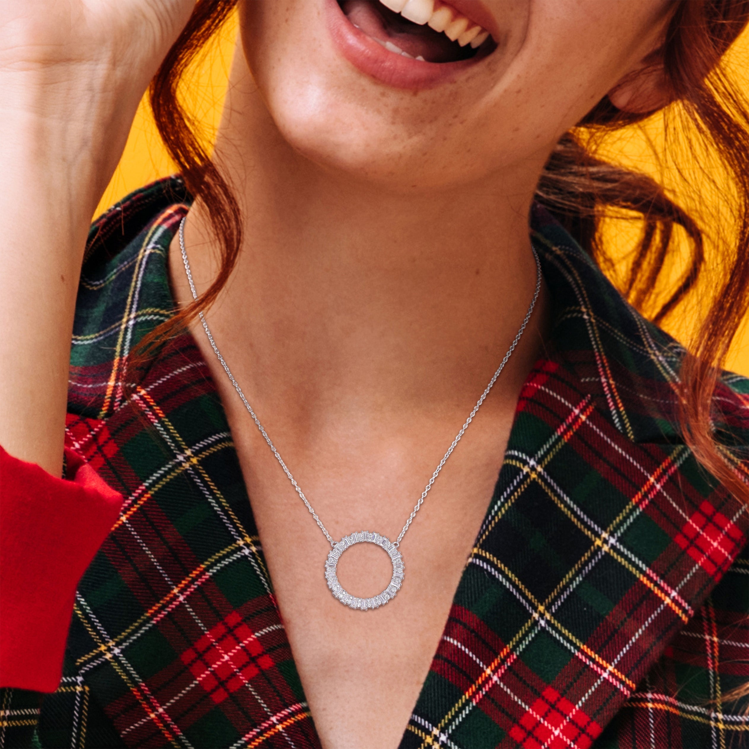 Lord & Taylor moissanite open circle necklace worn, lifestyle view