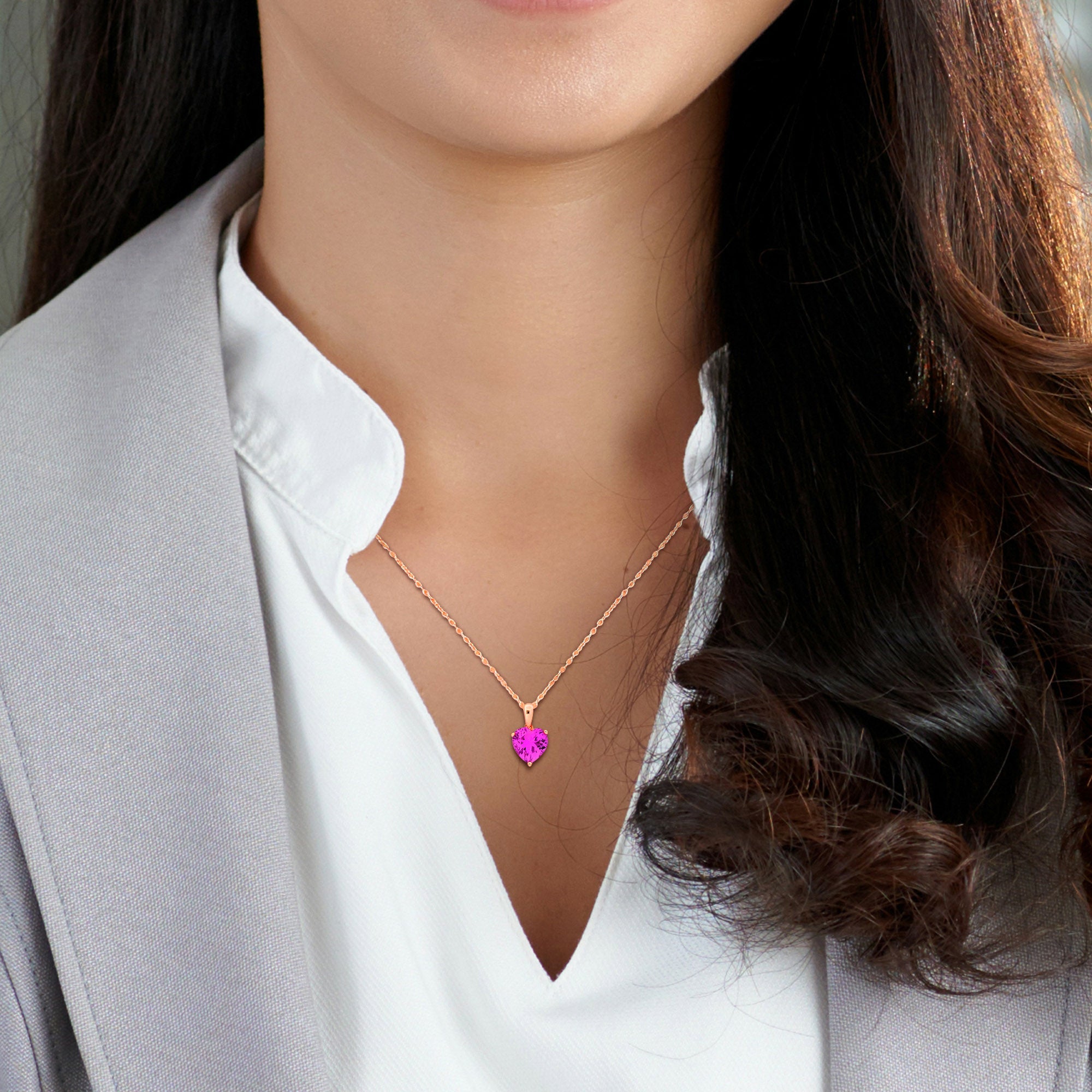Pink sapphire heart pendant necklace worn, lifestyle view by Lord & Taylor