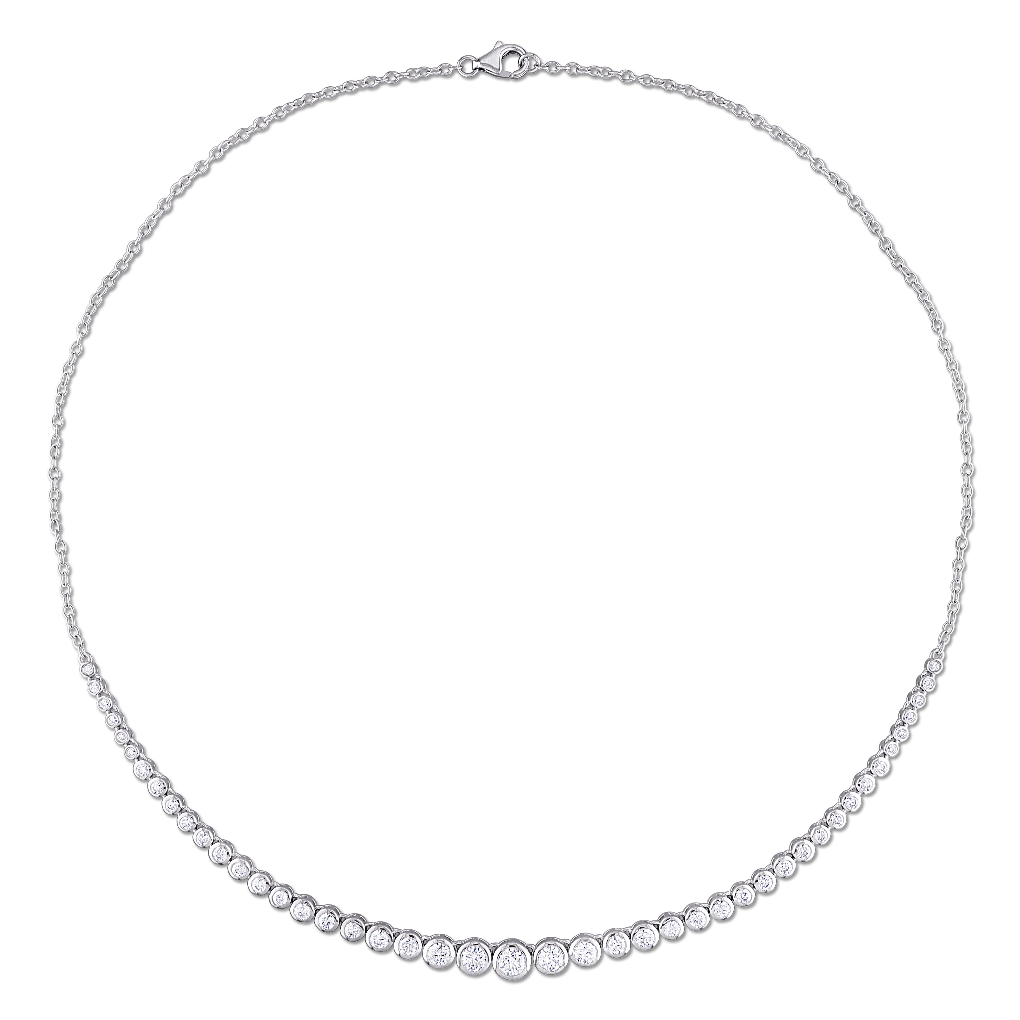 Graduated moissanite tennis necklace detail showing bezel-set stones by Lord & Taylor