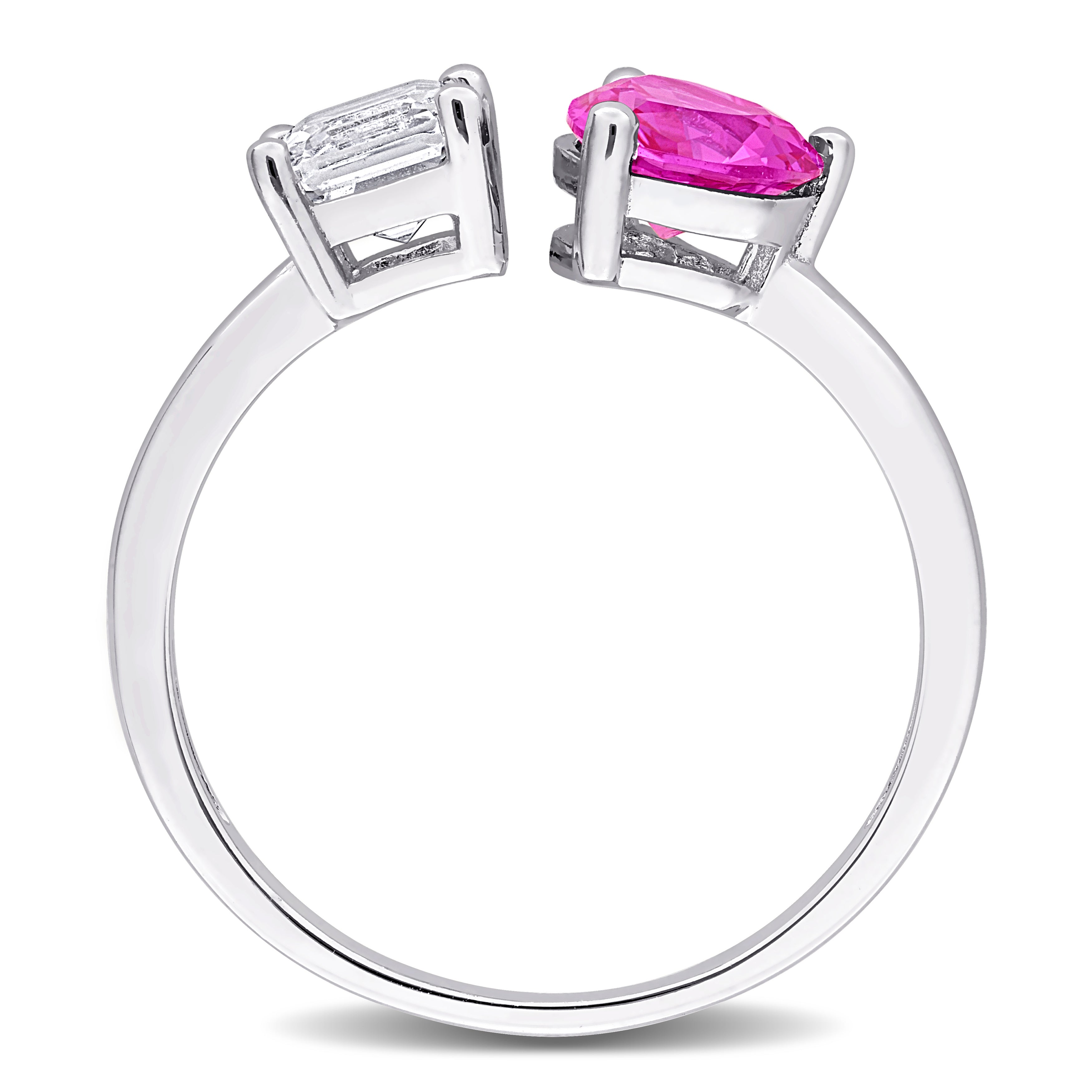 Pink and white sapphire heart ring by Delmar, diagonal overhead view