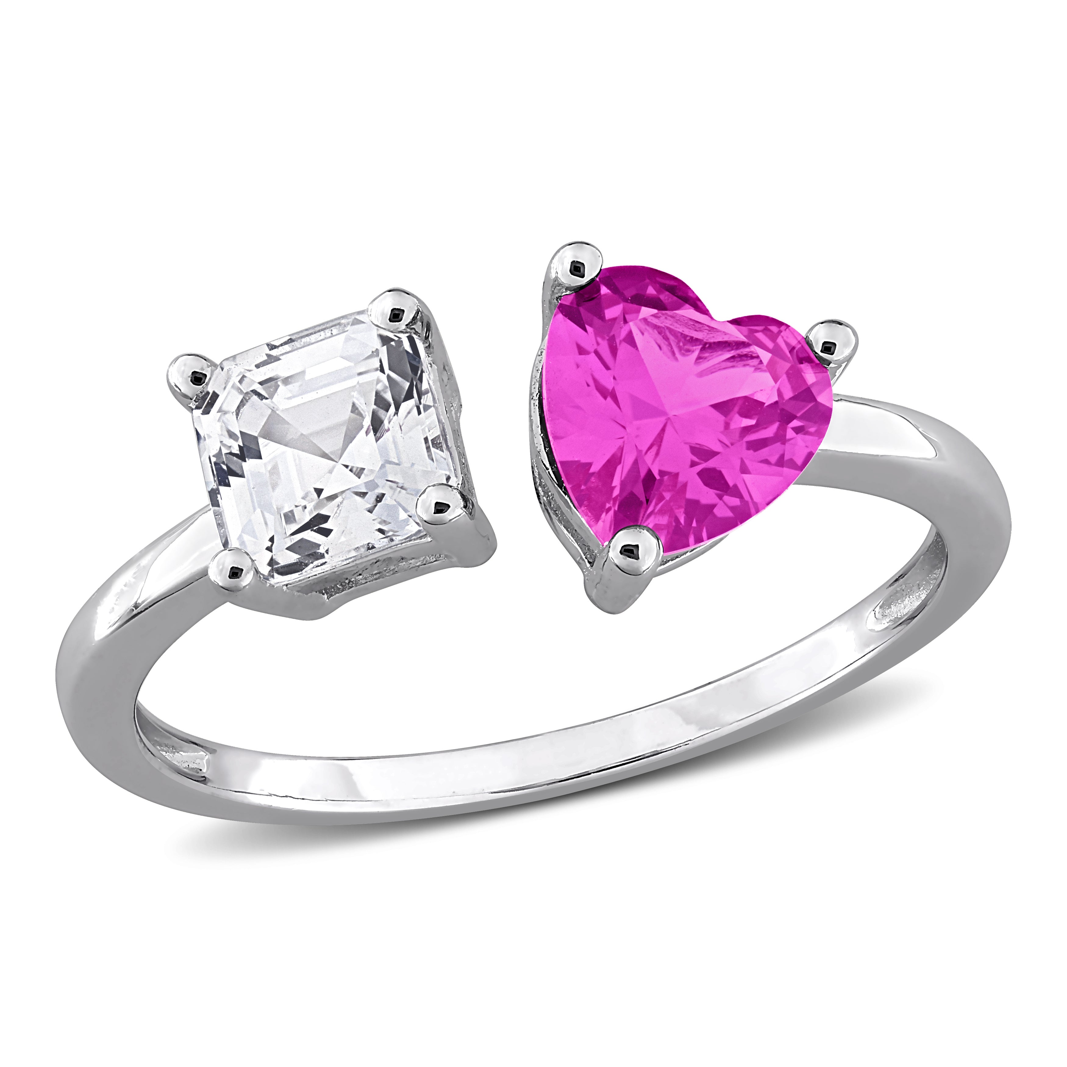 Pink and white sapphire open heart ring in sterling silver by Delmar, front view