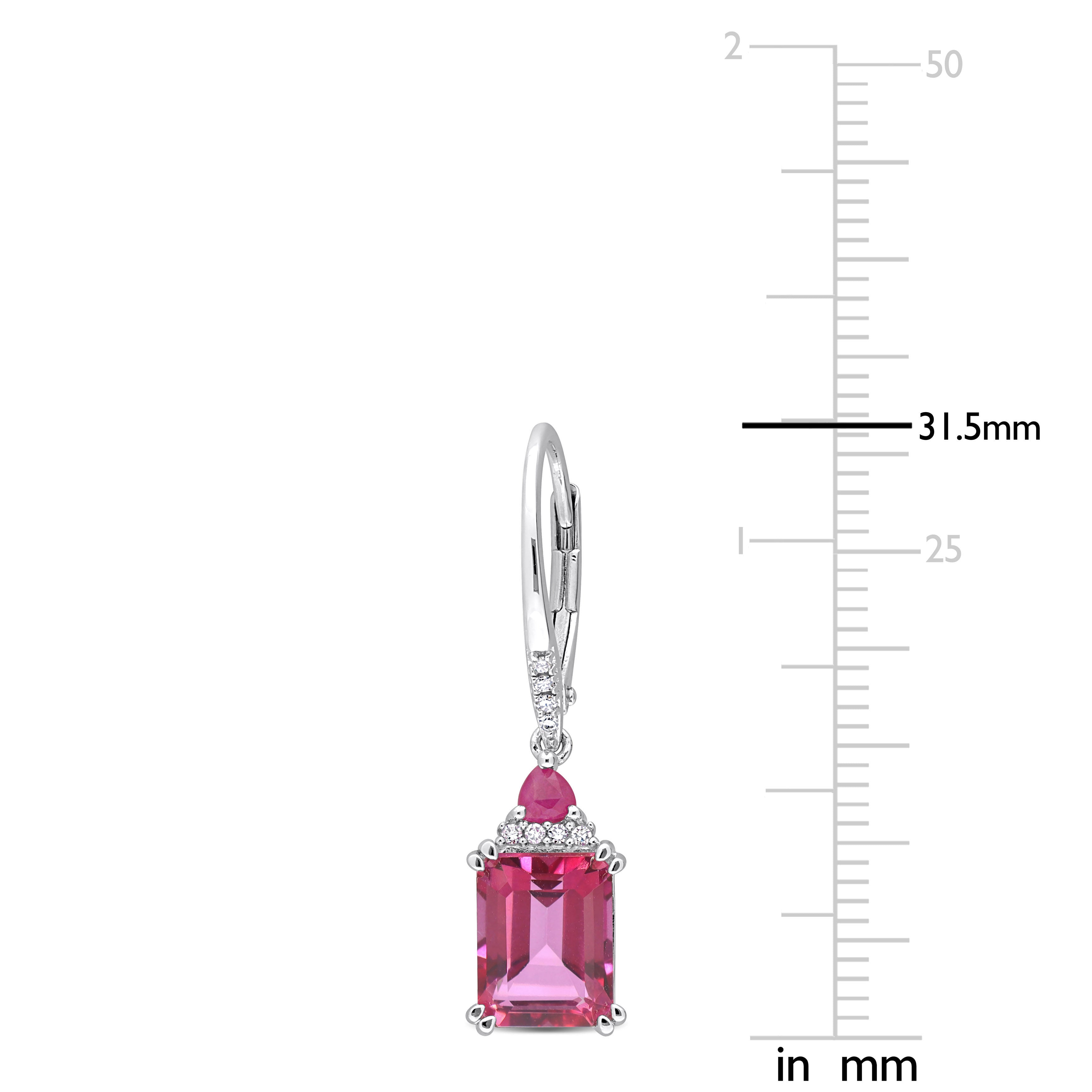 Close-up of octagon-cut pink topaz and trilliant-cut ruby with diamond accents